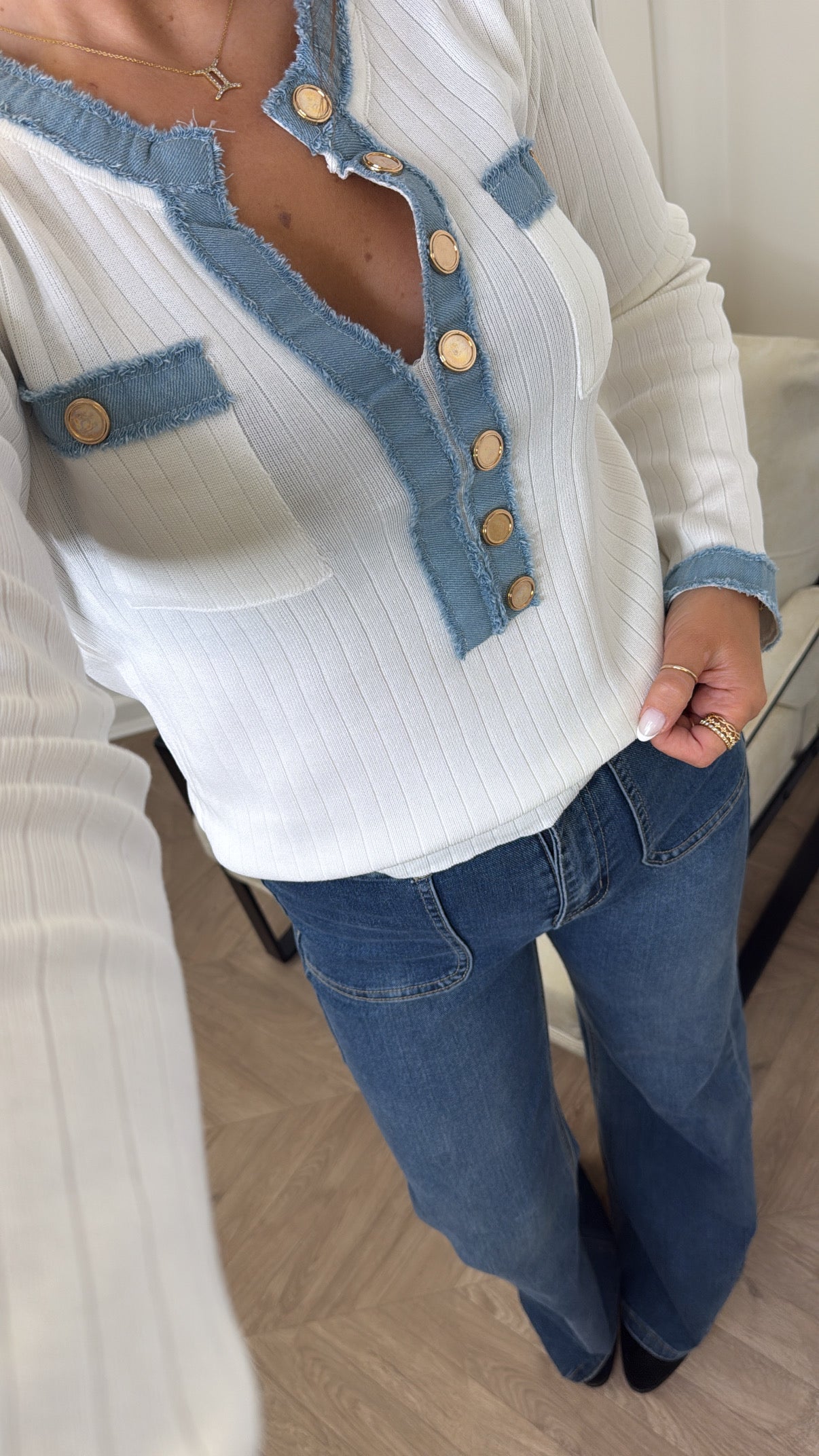 HARLEY white fitted top with denim contrast and gold buttons