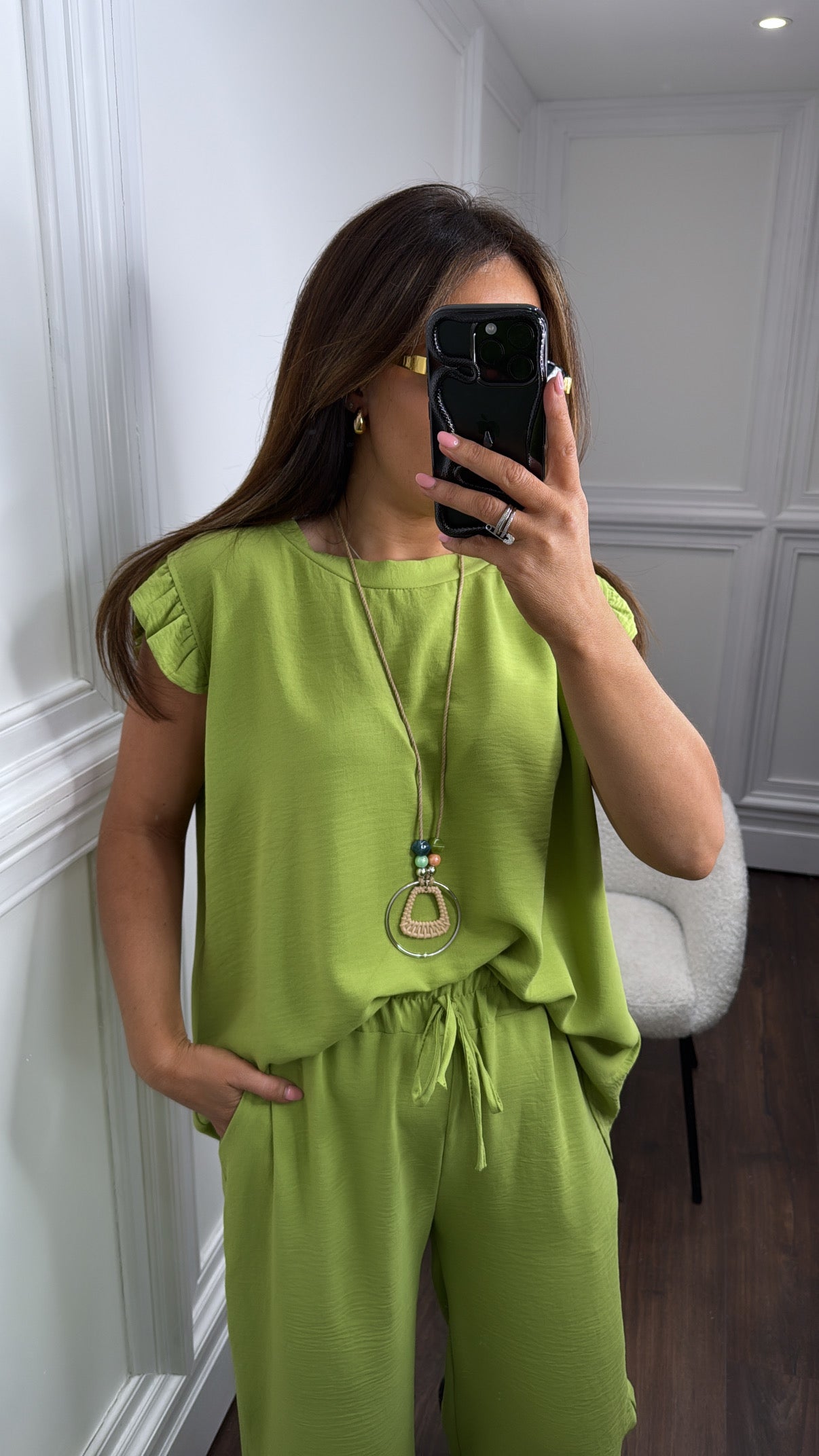 NINA bright olive ruffle top and wide leg co-ord set