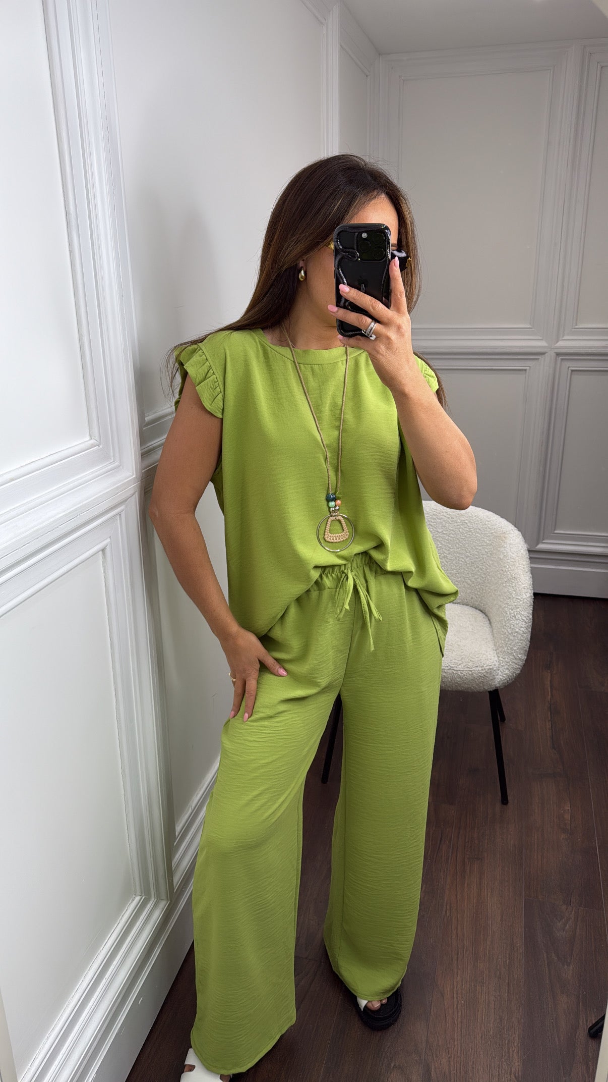 NINA bright olive ruffle top and wide leg co-ord set