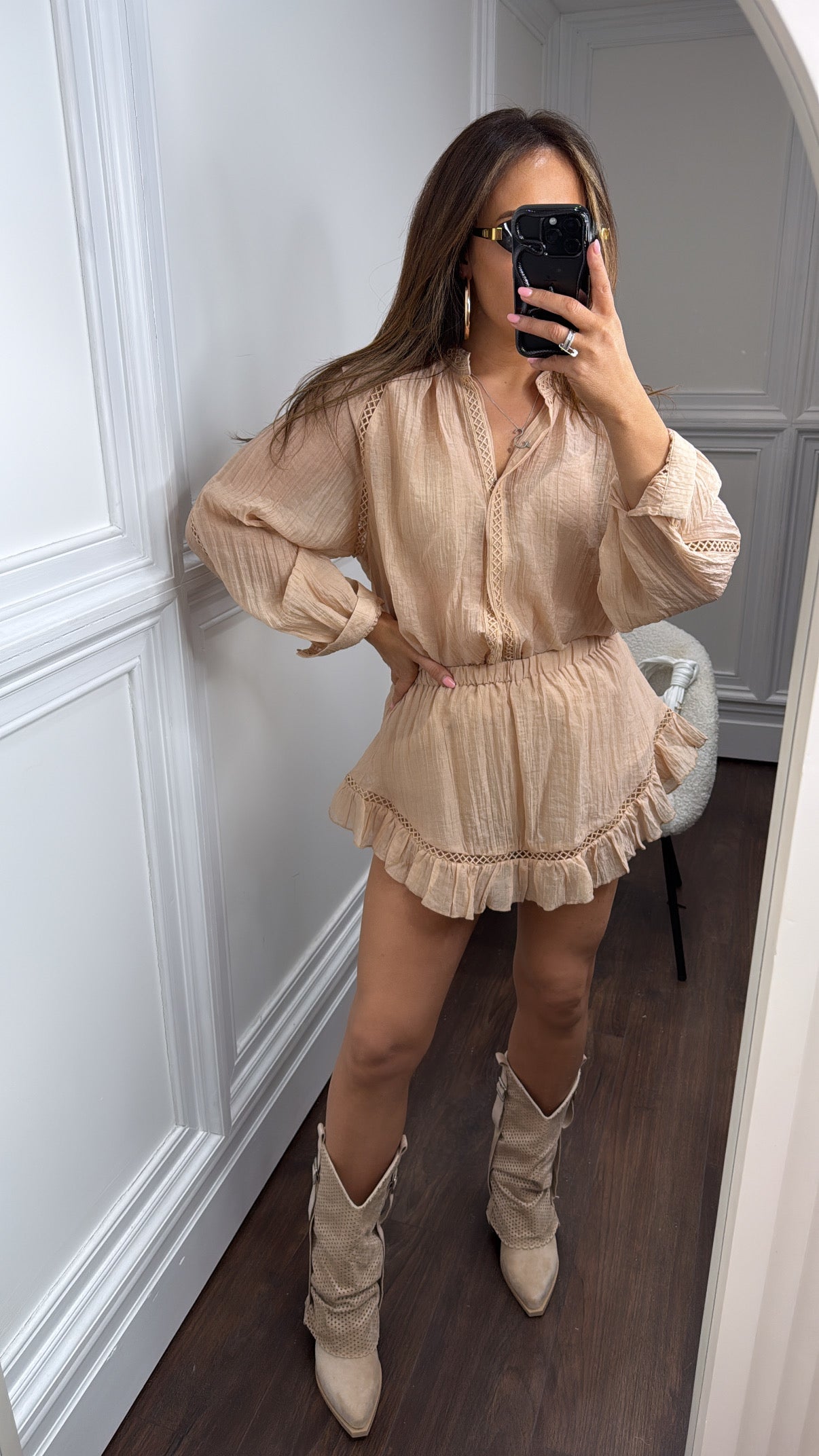 TARA caramel crochet detail shirt and skort co-ord