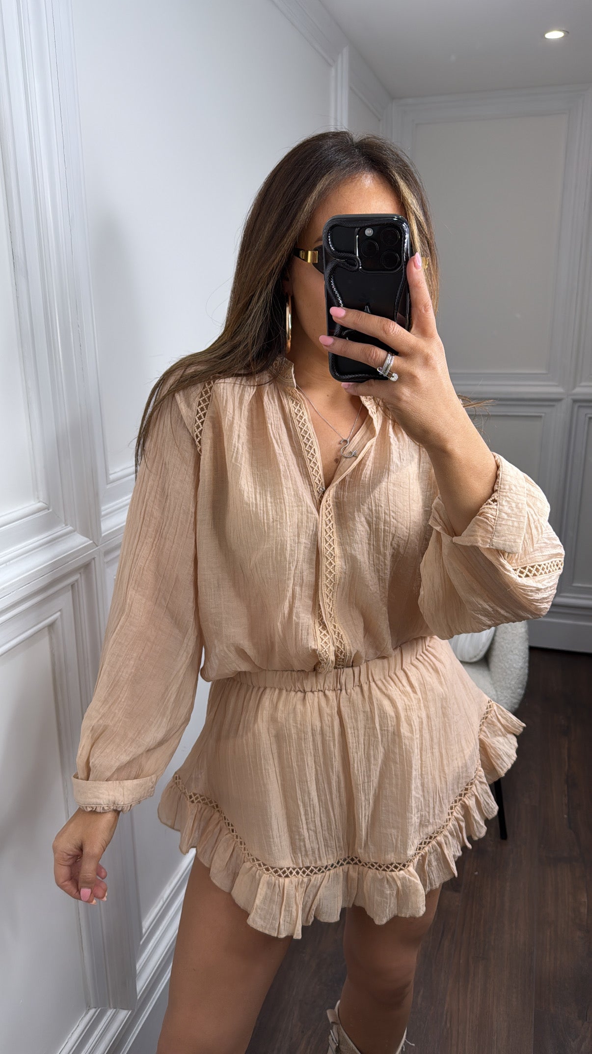 TARA caramel crochet detail shirt and skort co-ord
