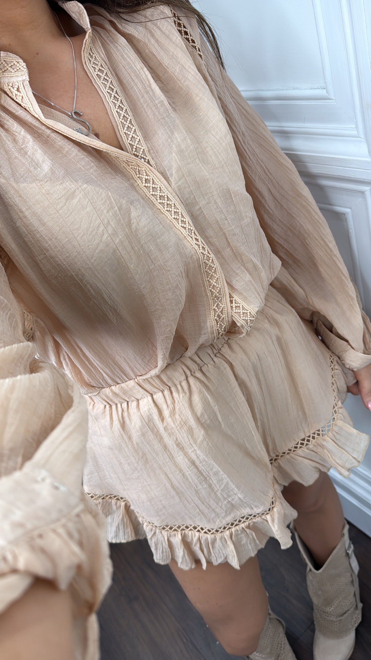 TARA caramel crochet detail shirt and skort co-ord