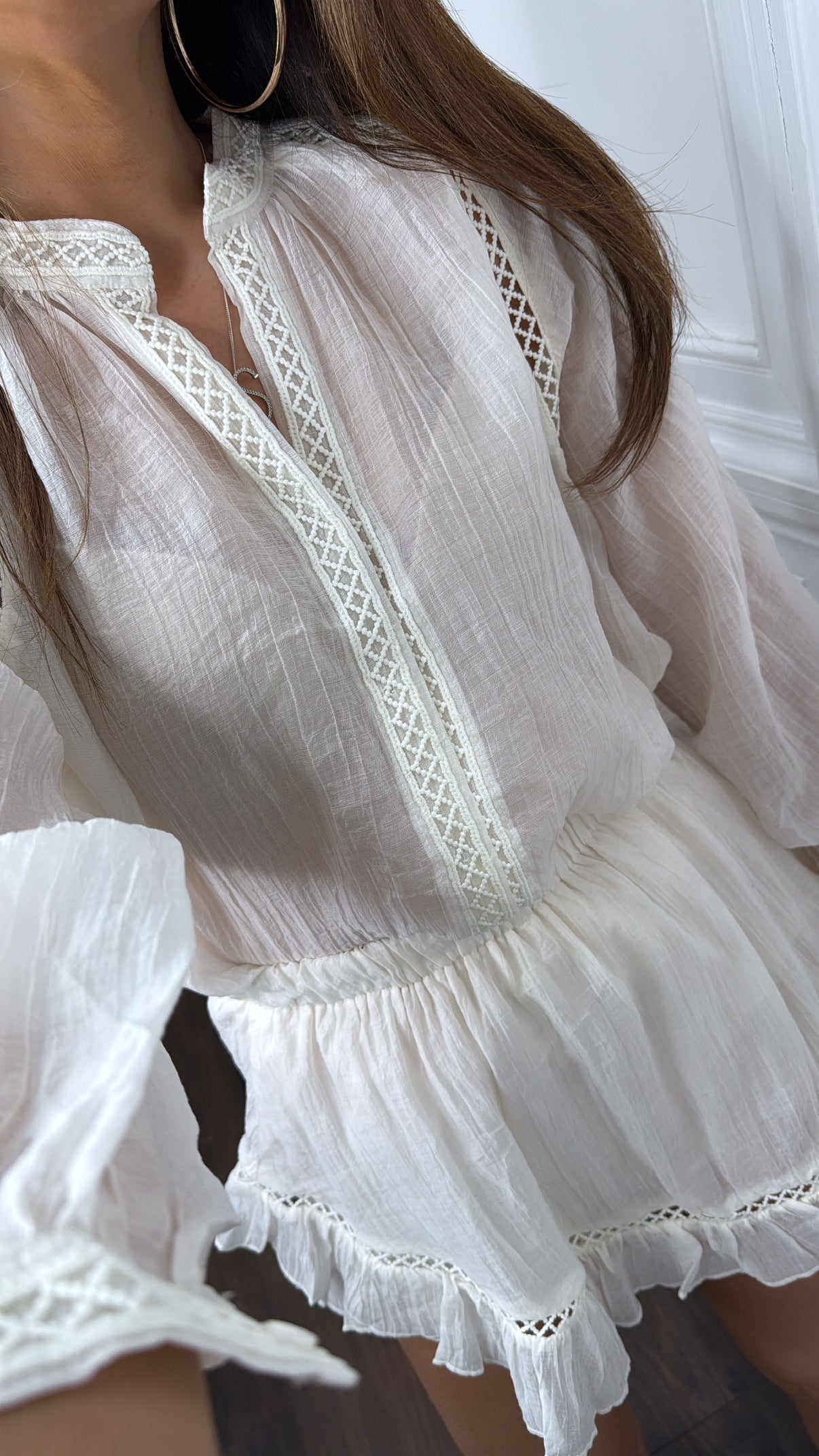 TARA cream crochet detail shirt and skort co-ord