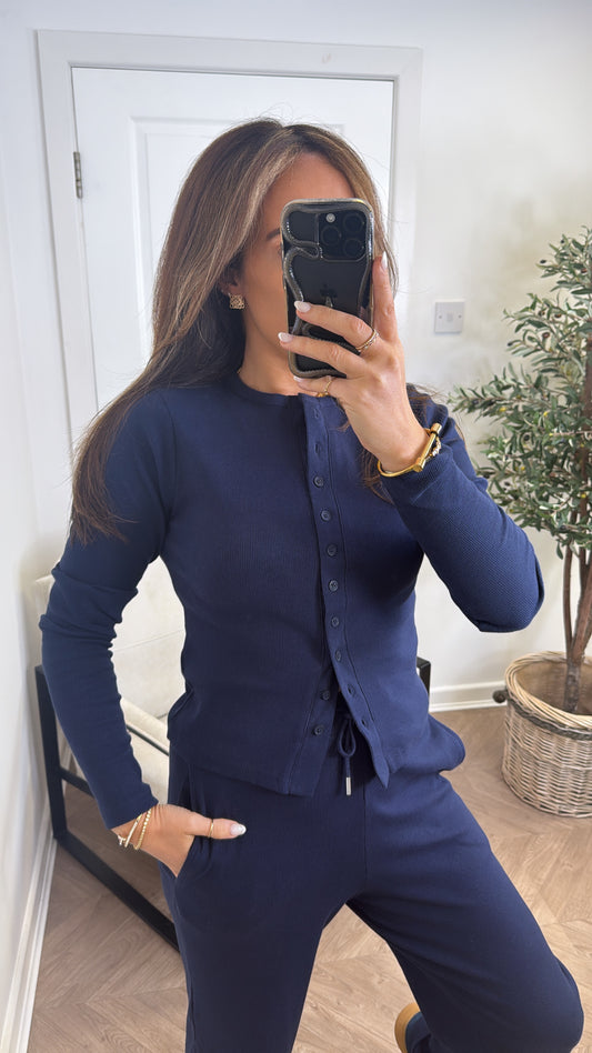 LORNA navy ribbed cardigan lounge set