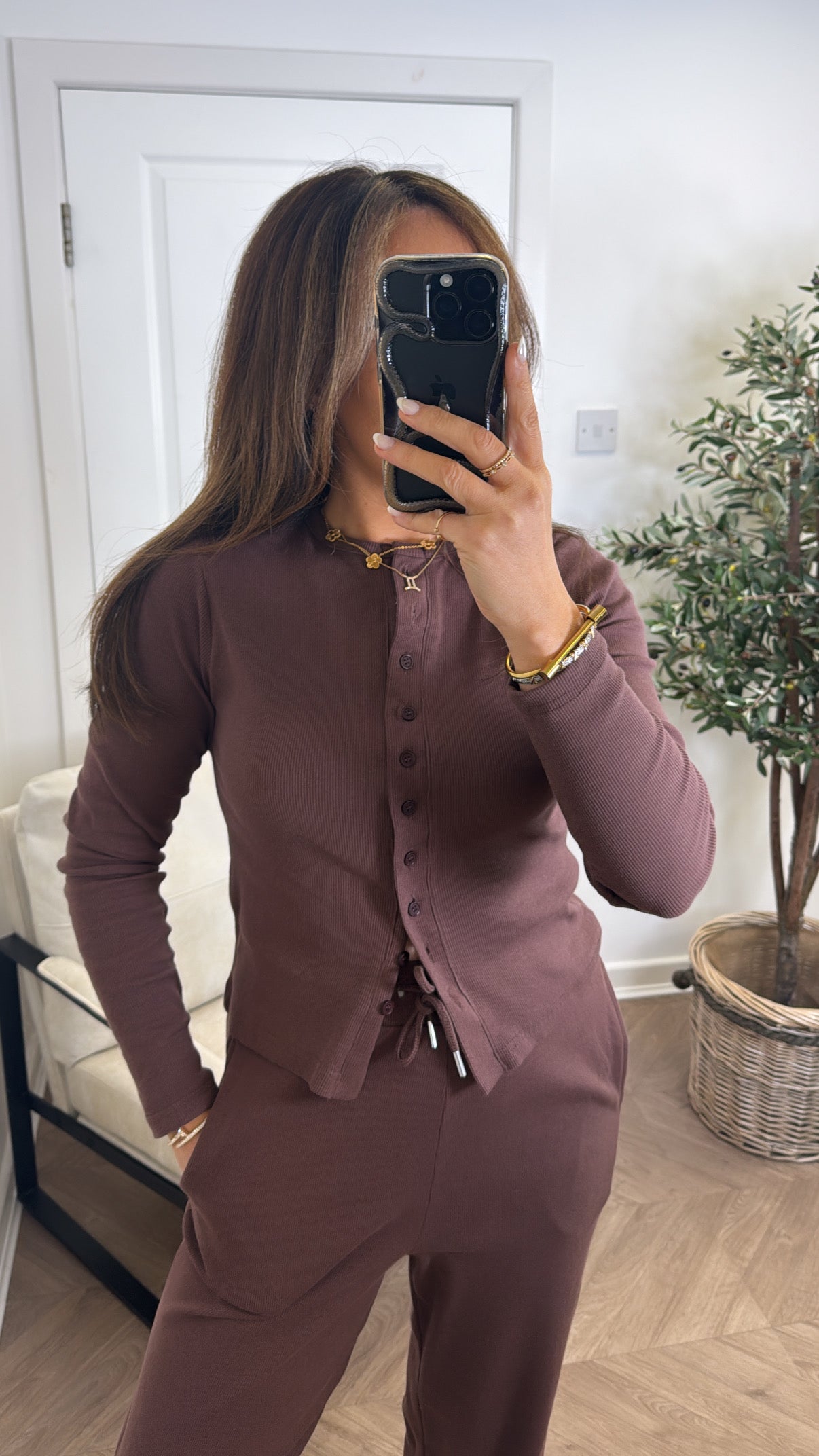 LORNA chocolate brown ribbed cardigan lounge set