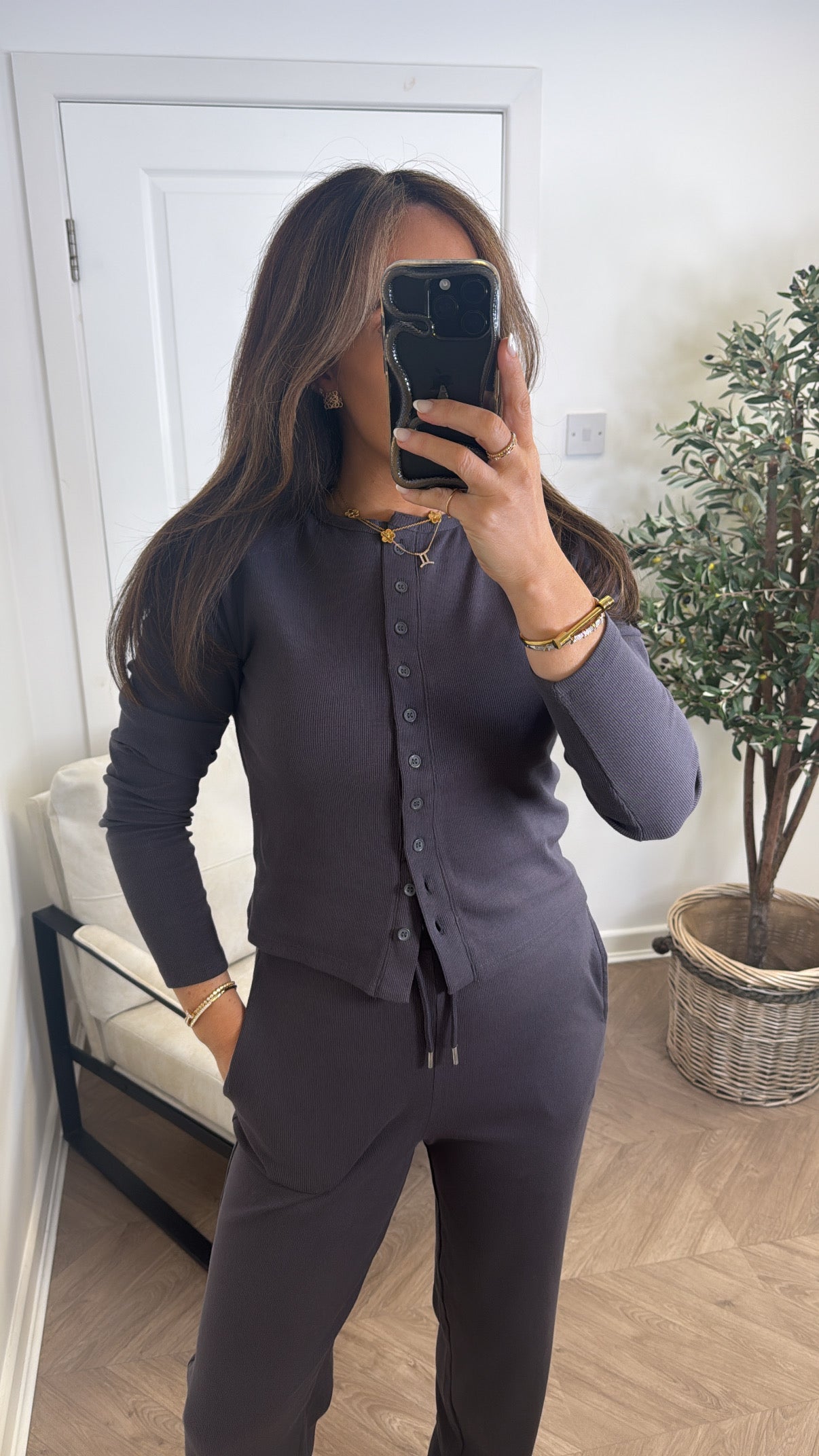 LORNA slate grey ribbed cardigan lounge set