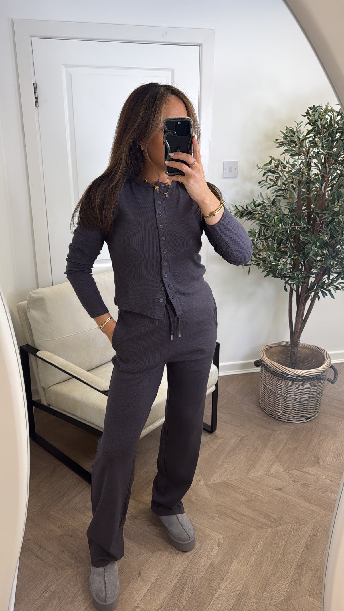 LORNA slate grey ribbed cardigan lounge set