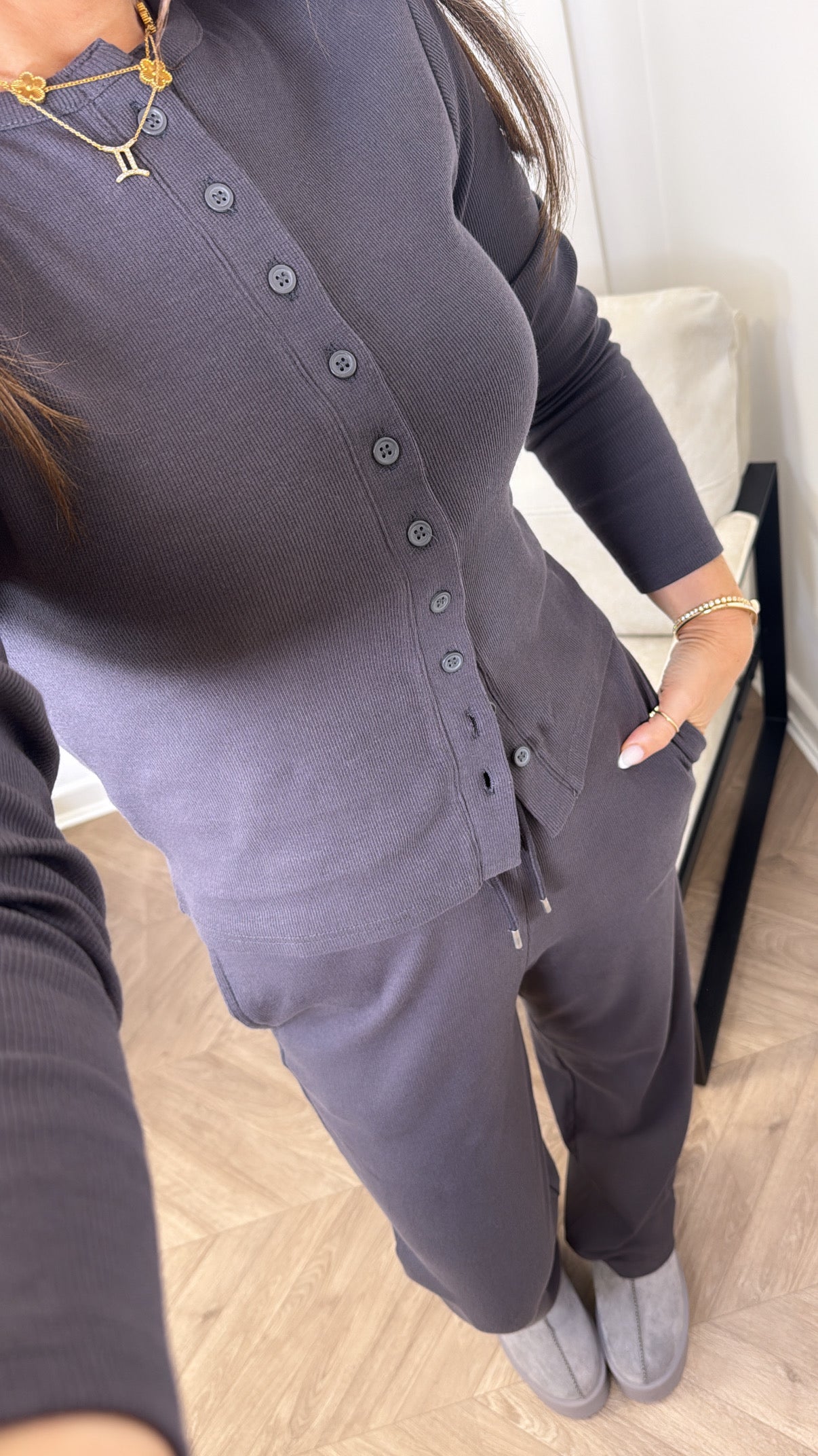 LORNA slate grey ribbed cardigan lounge set