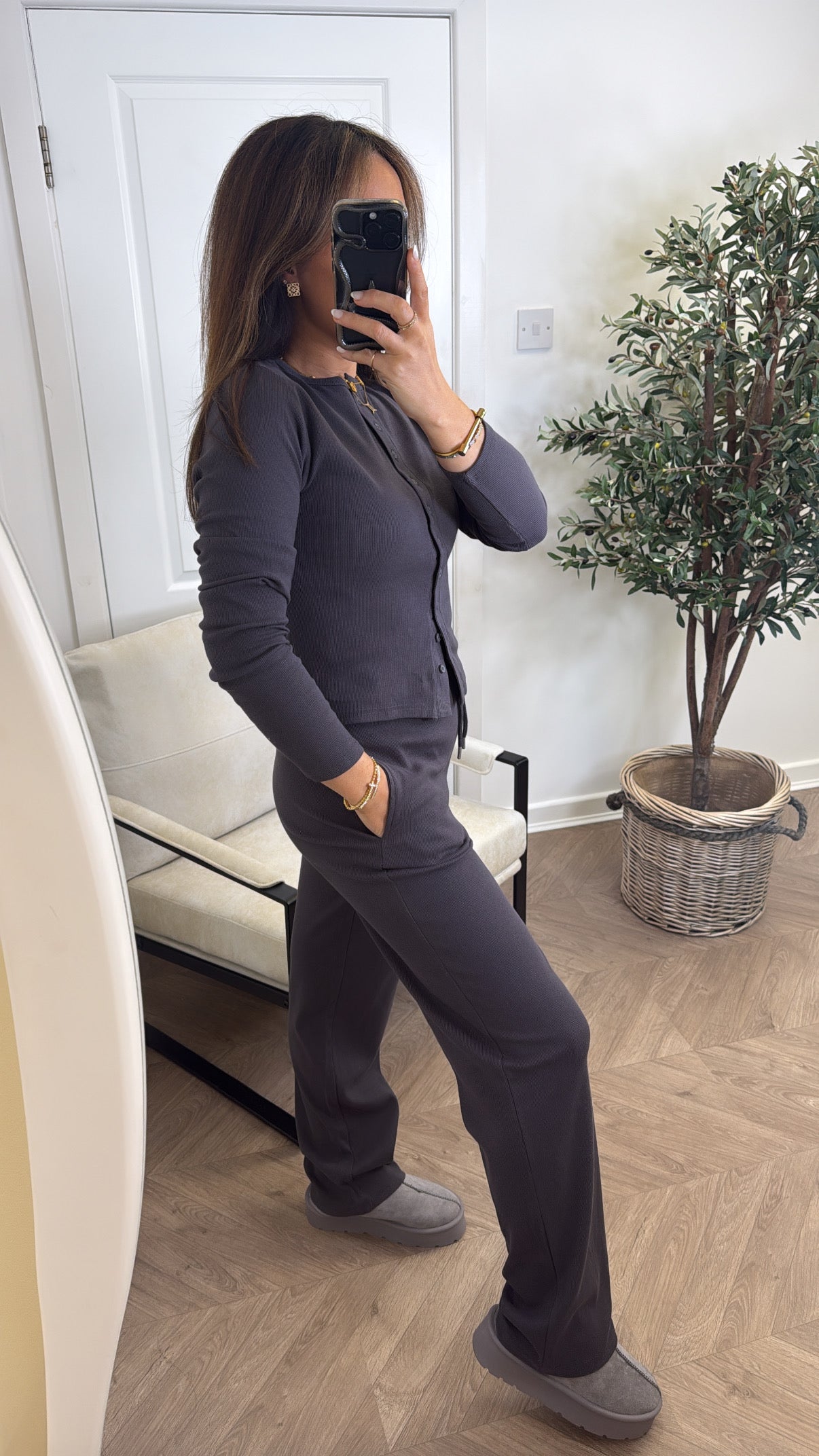 LORNA slate grey ribbed cardigan lounge set