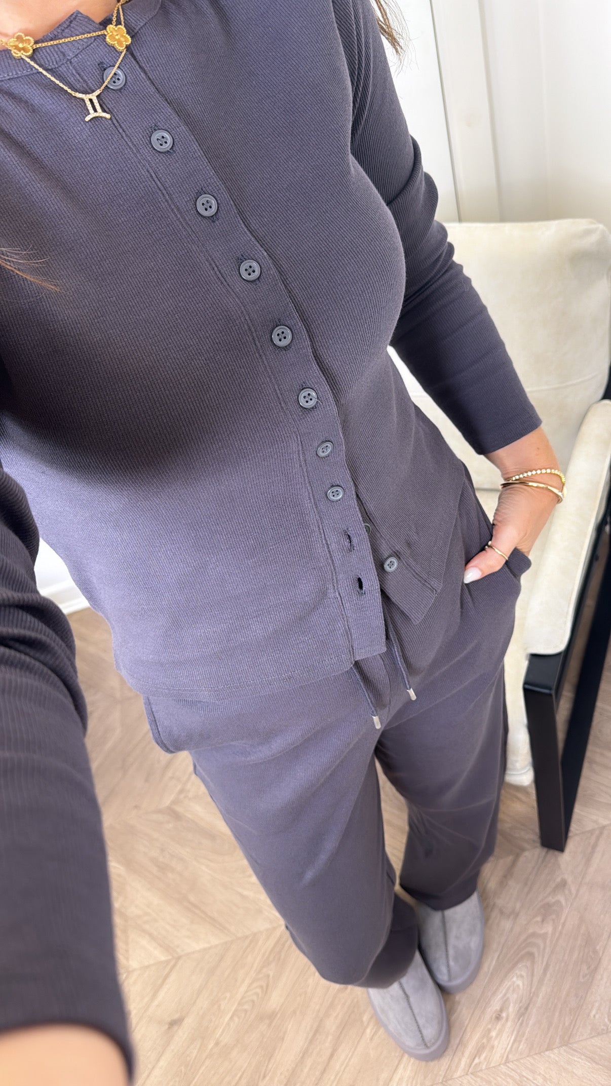 LORNA slate grey ribbed cardigan lounge set