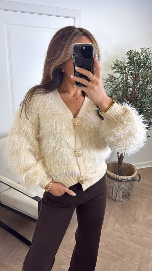 ERICA cream fluffy cardigan with gold buttons