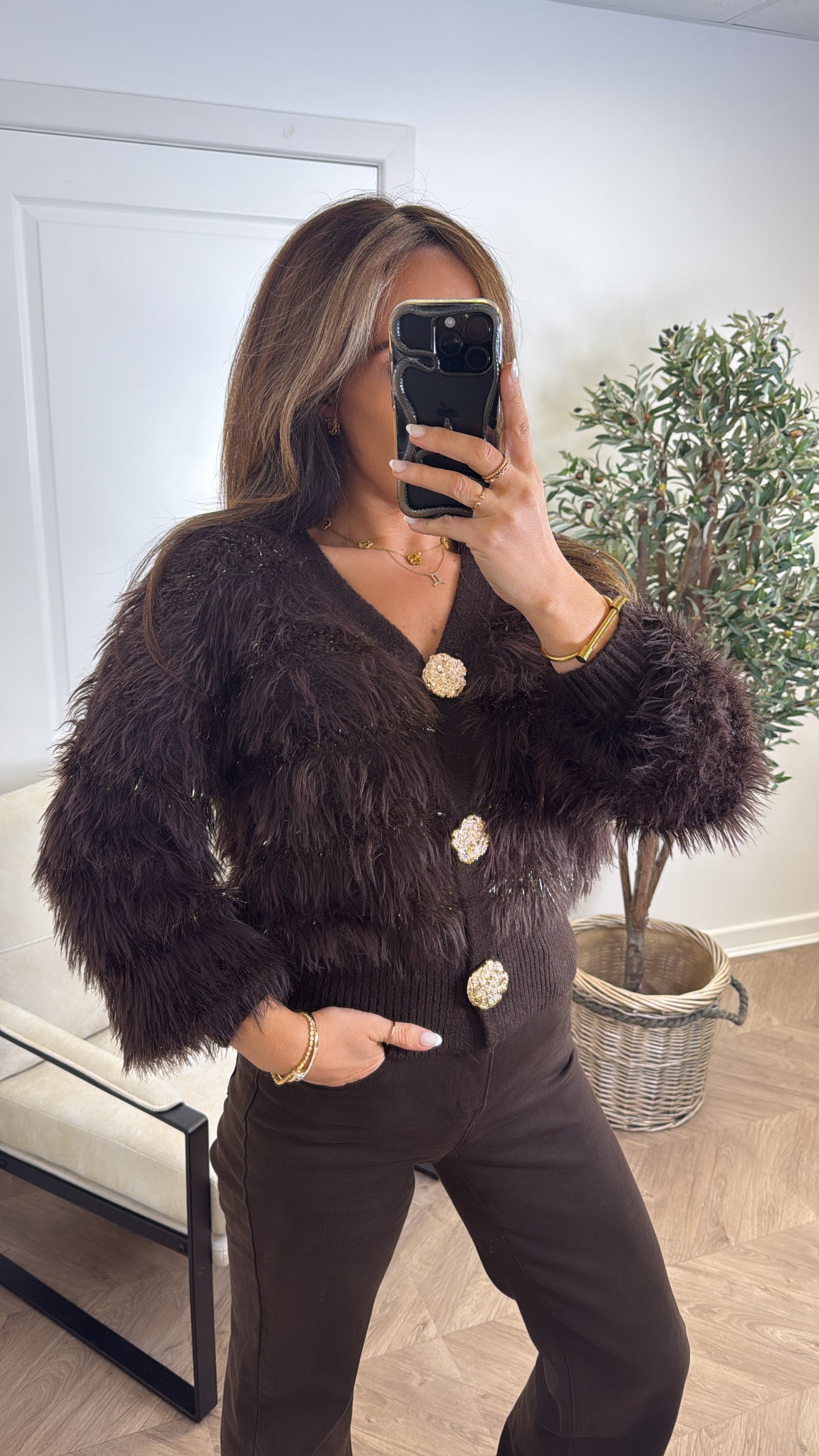 ERICA brown fluffy cardigan with gold buttons
