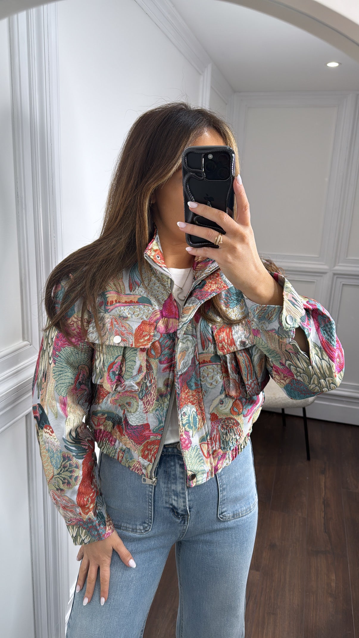 ATHENA pink jacquard cropped bomber jacket