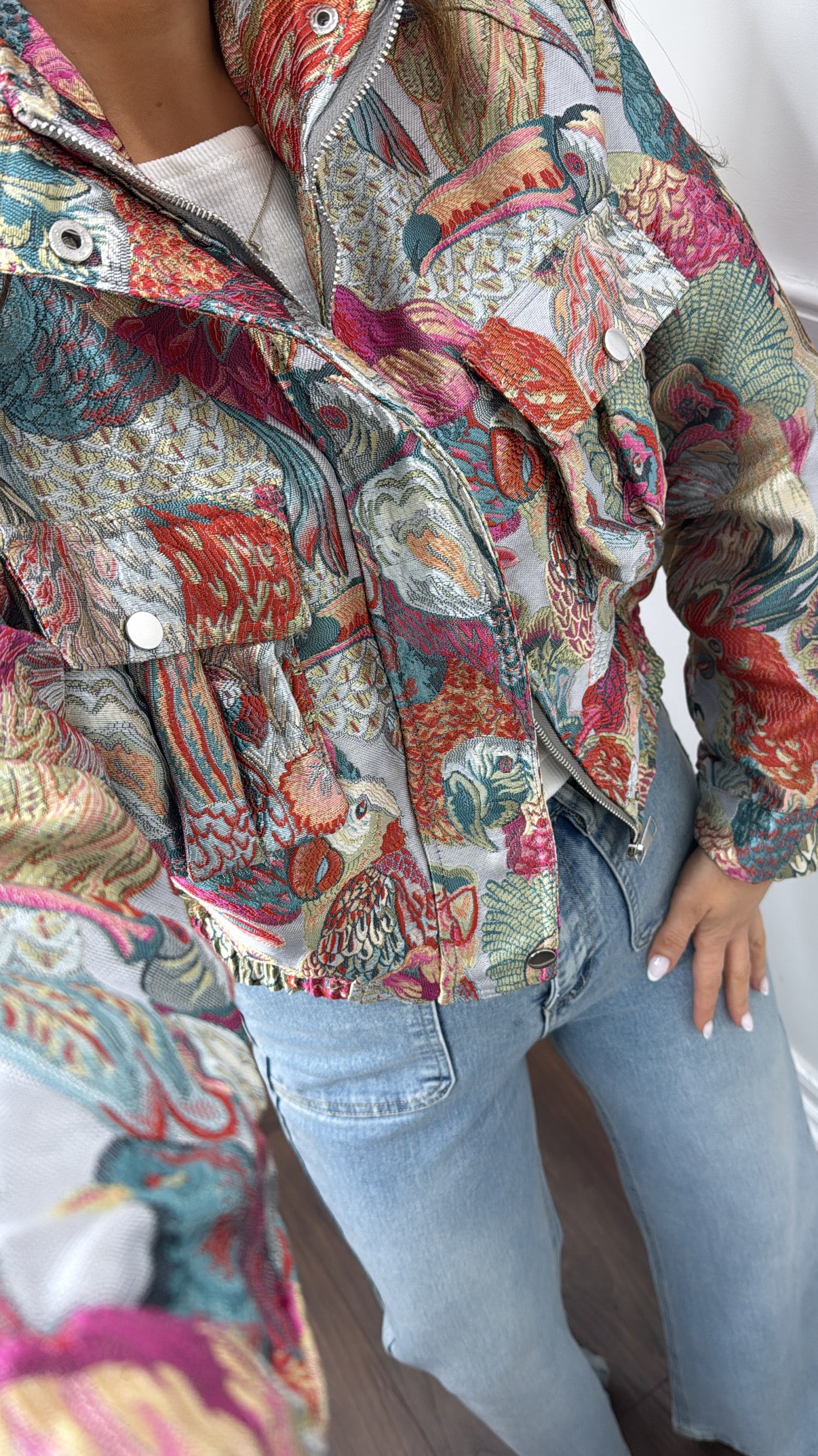 ATHENA pink jacquard cropped bomber jacket