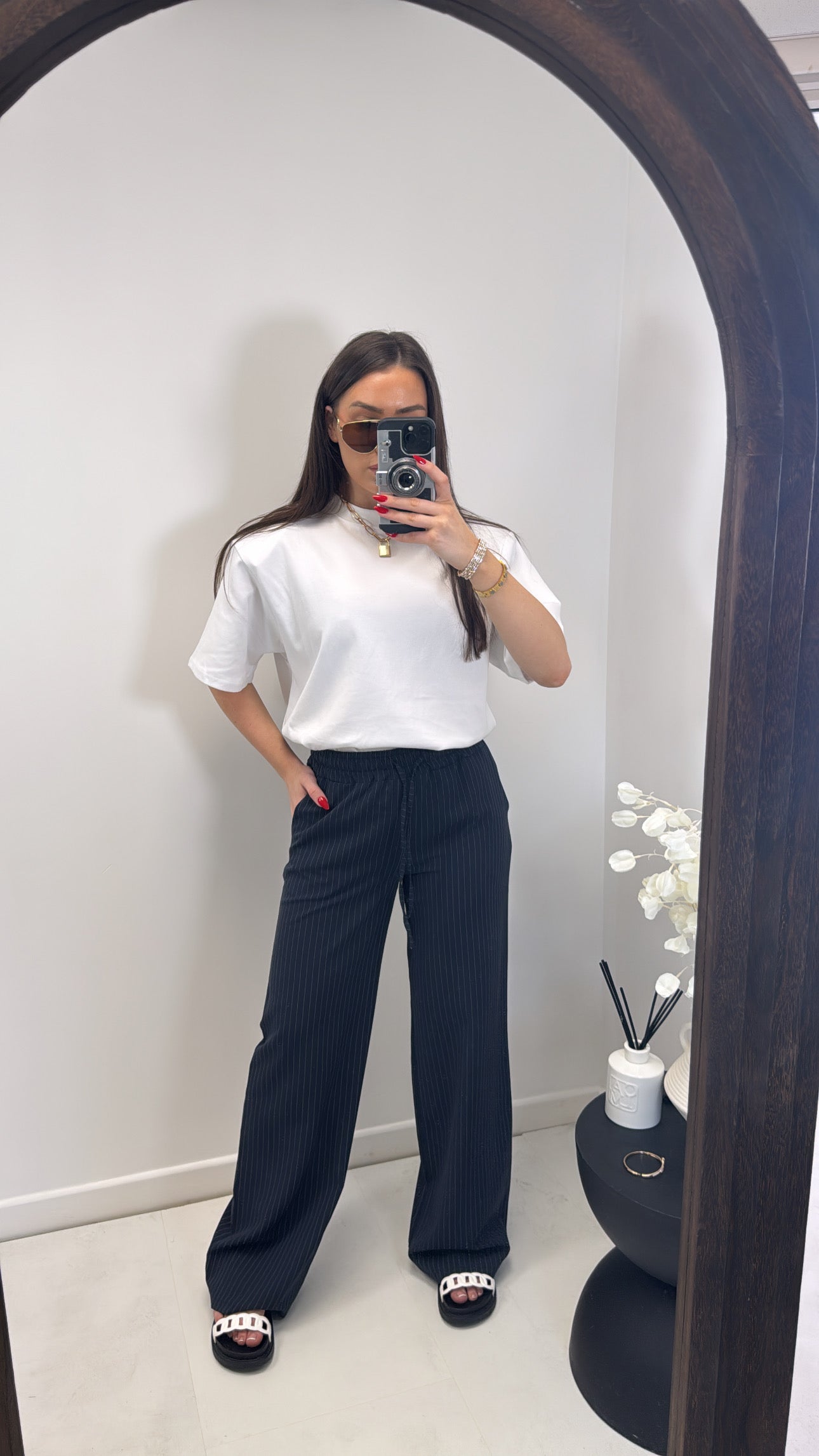 NICOLE navy pinstripe wide leg trousers