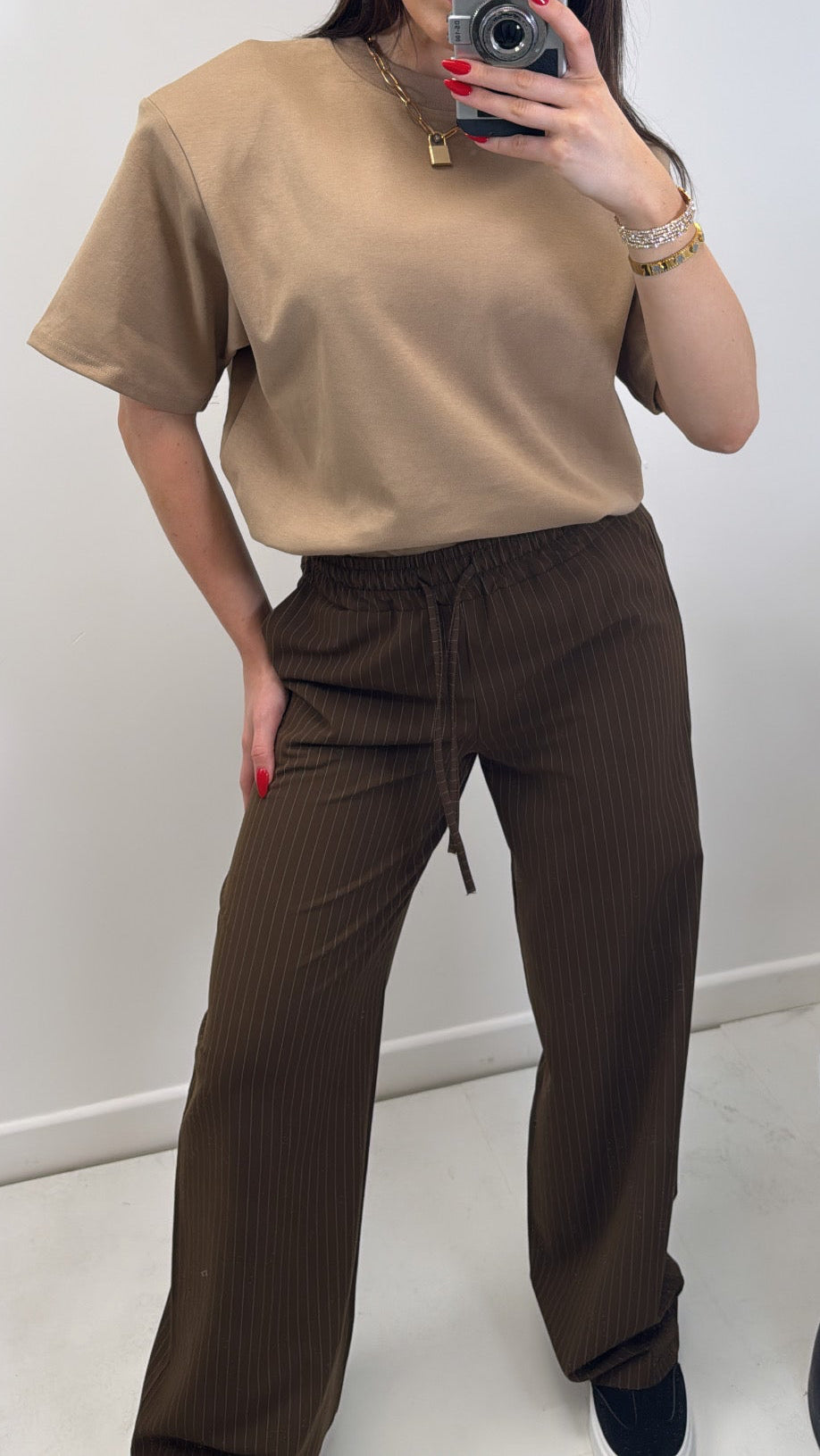 NICOLE brown pinstripe wide leg trousers