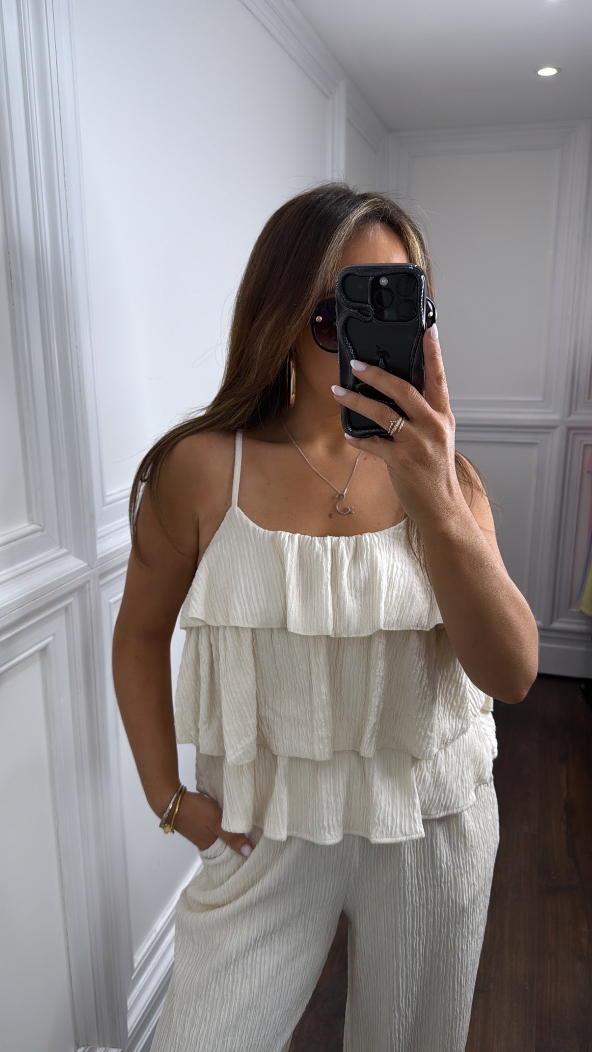 KAYLIN cream ruffle cami top and wide leg pant co-ord