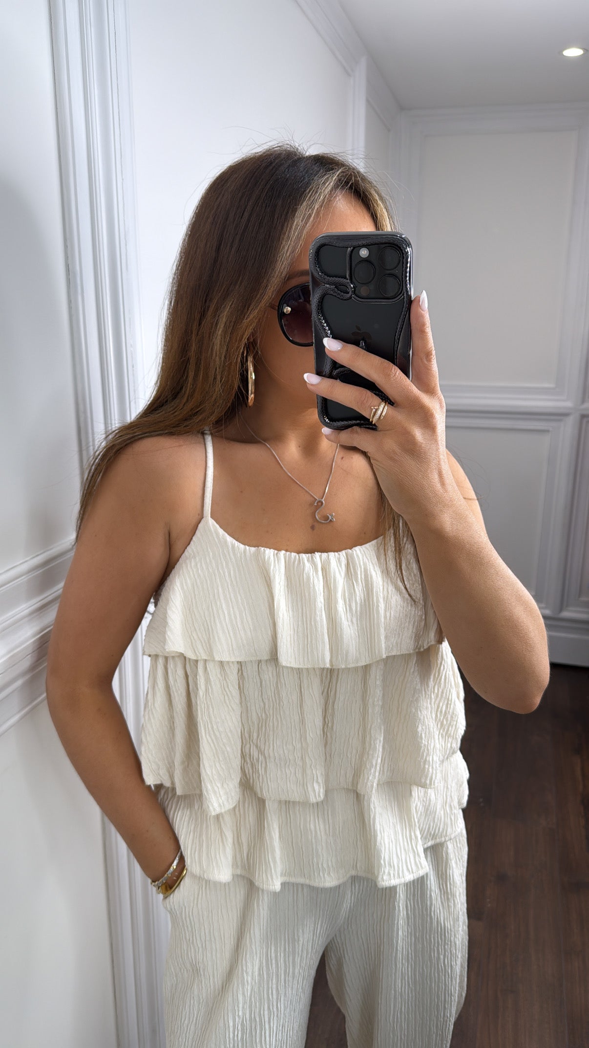 KAYLIN cream ruffle cami top and wide leg pant co-ord