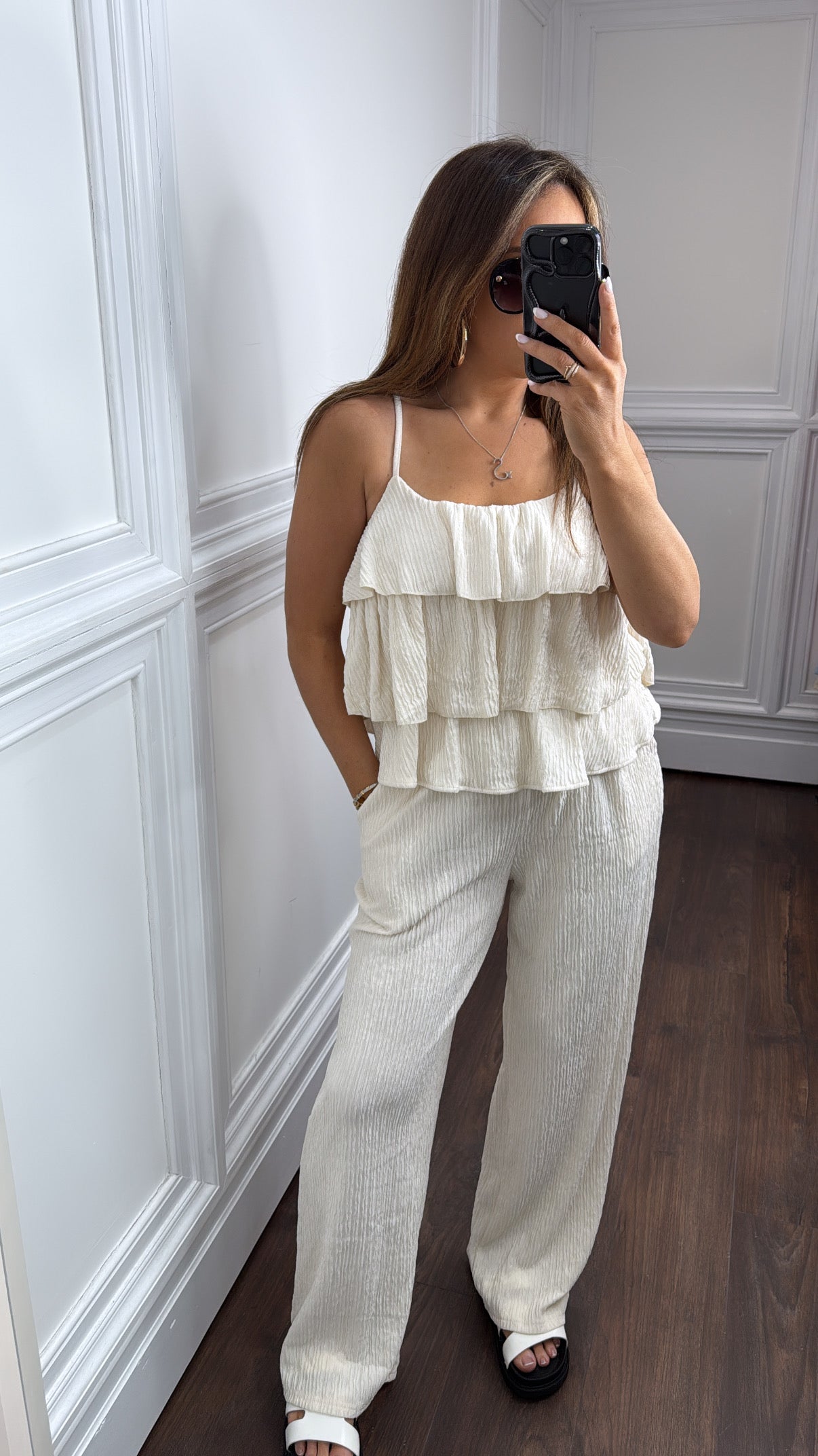 KAYLIN cream ruffle cami top and wide leg pant co-ord