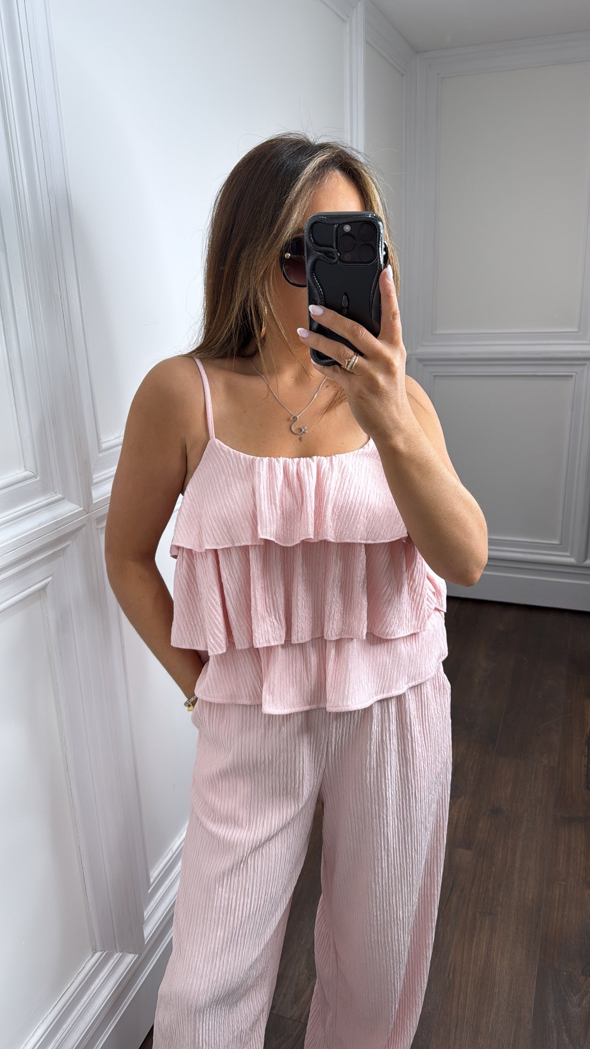 KAYLIN baby pink ruffle cami top and wide leg pant co-ord
