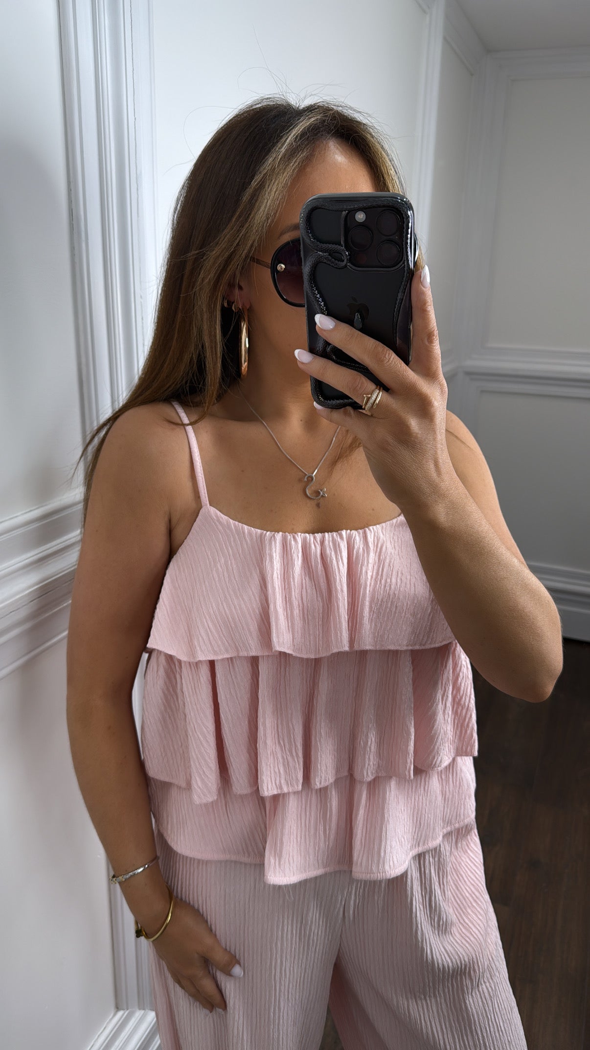 KAYLIN baby pink ruffle cami top and wide leg pant co-ord