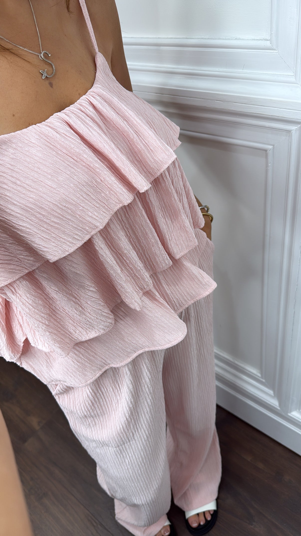 KAYLIN baby pink ruffle cami top and wide leg pant co-ord