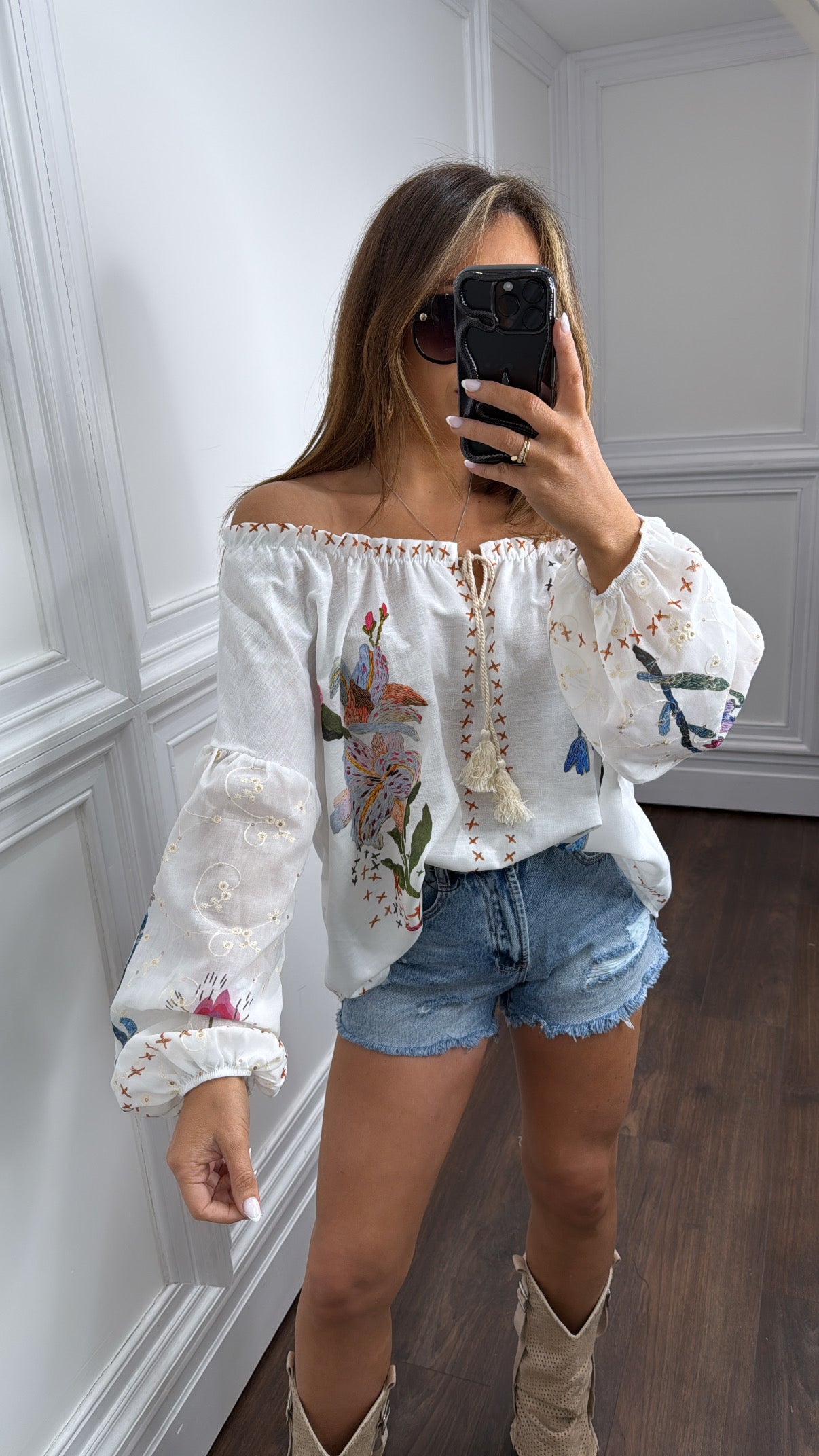HARPER white off the shoulder floral detail top