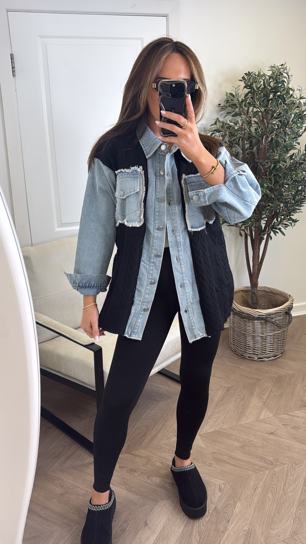 STEFFY black knitted denim contrast shacket