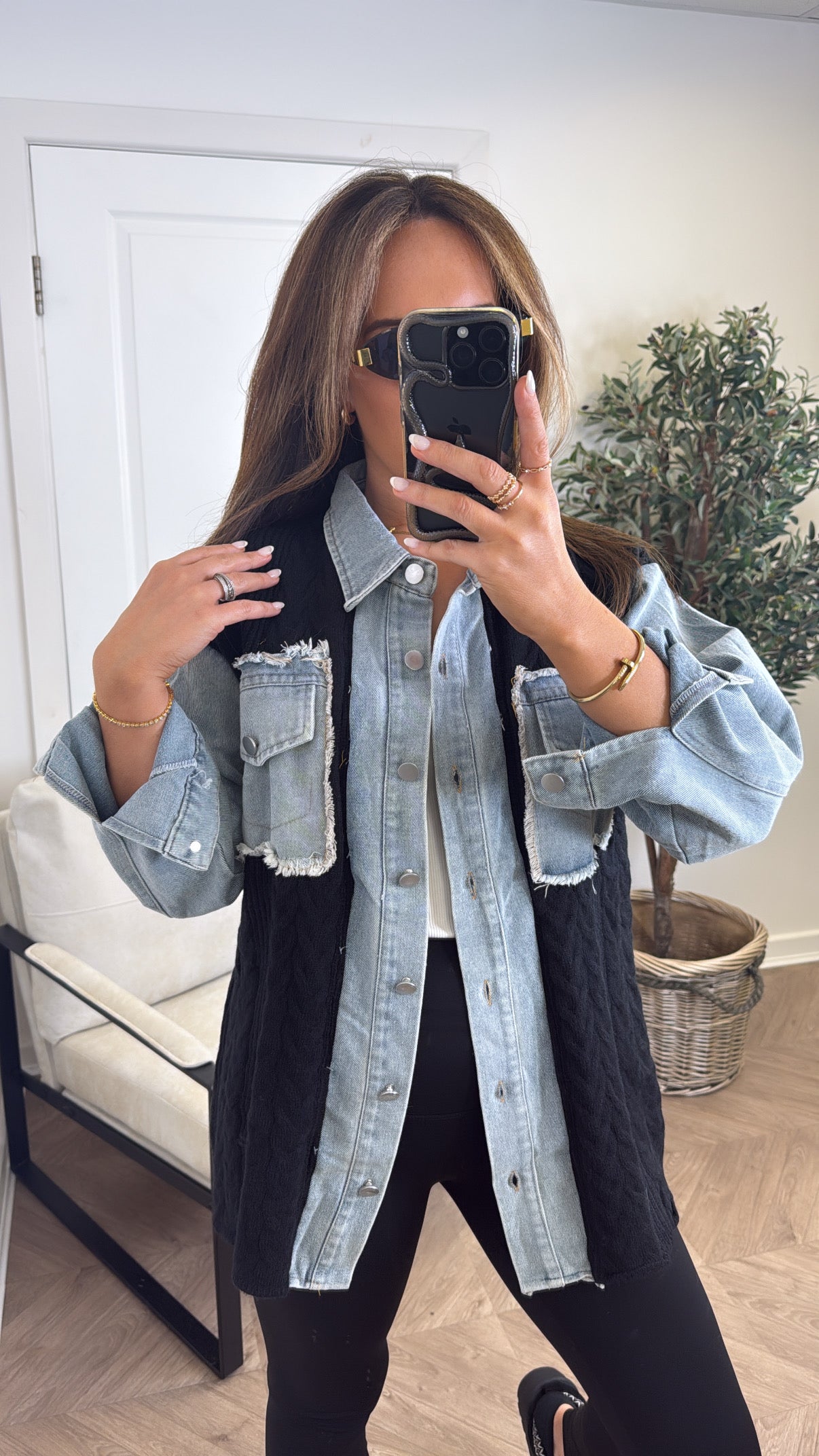 STEFFY black knitted denim contrast shacket