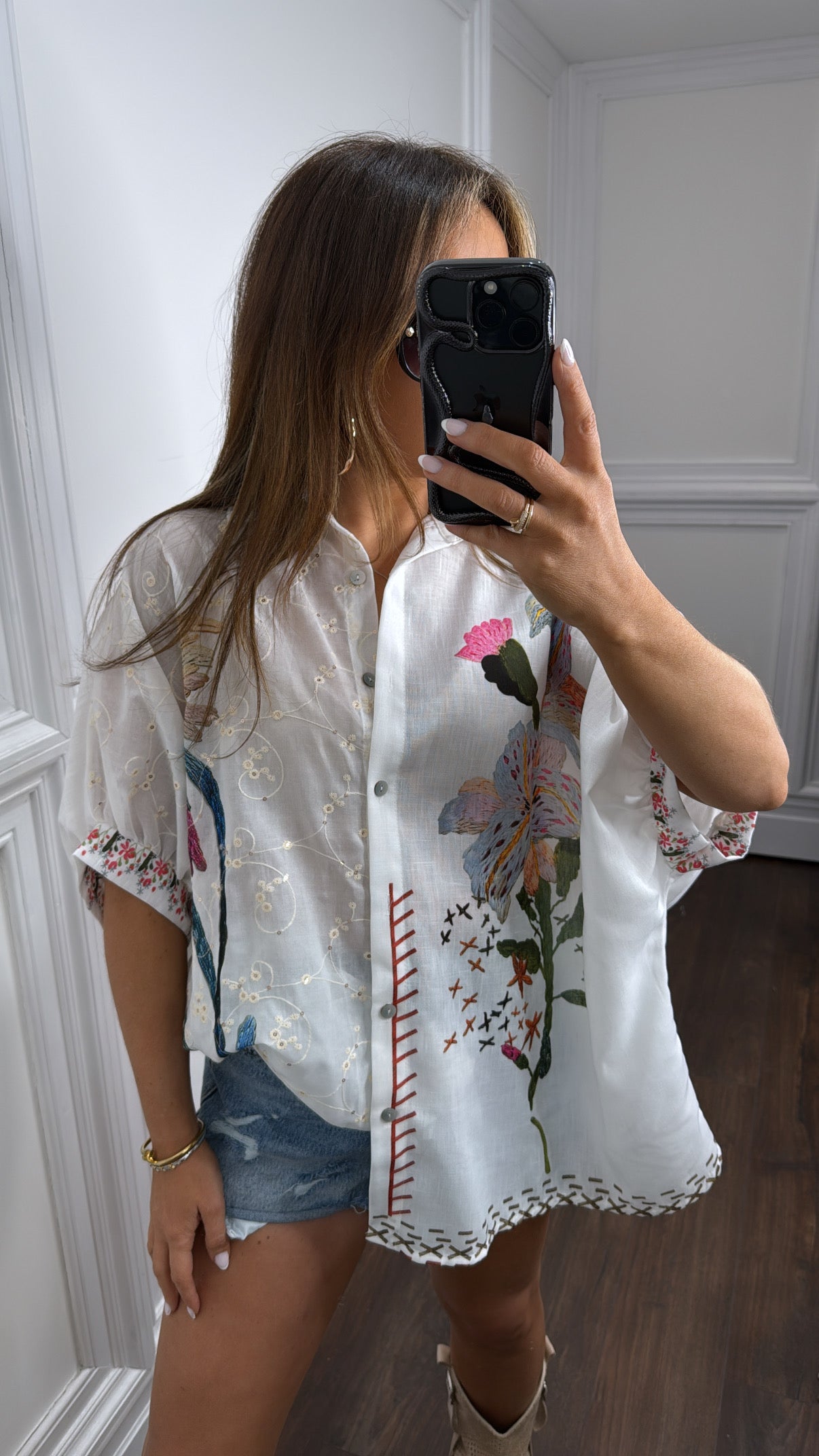 PALOMA white linen look oversized floral shirt