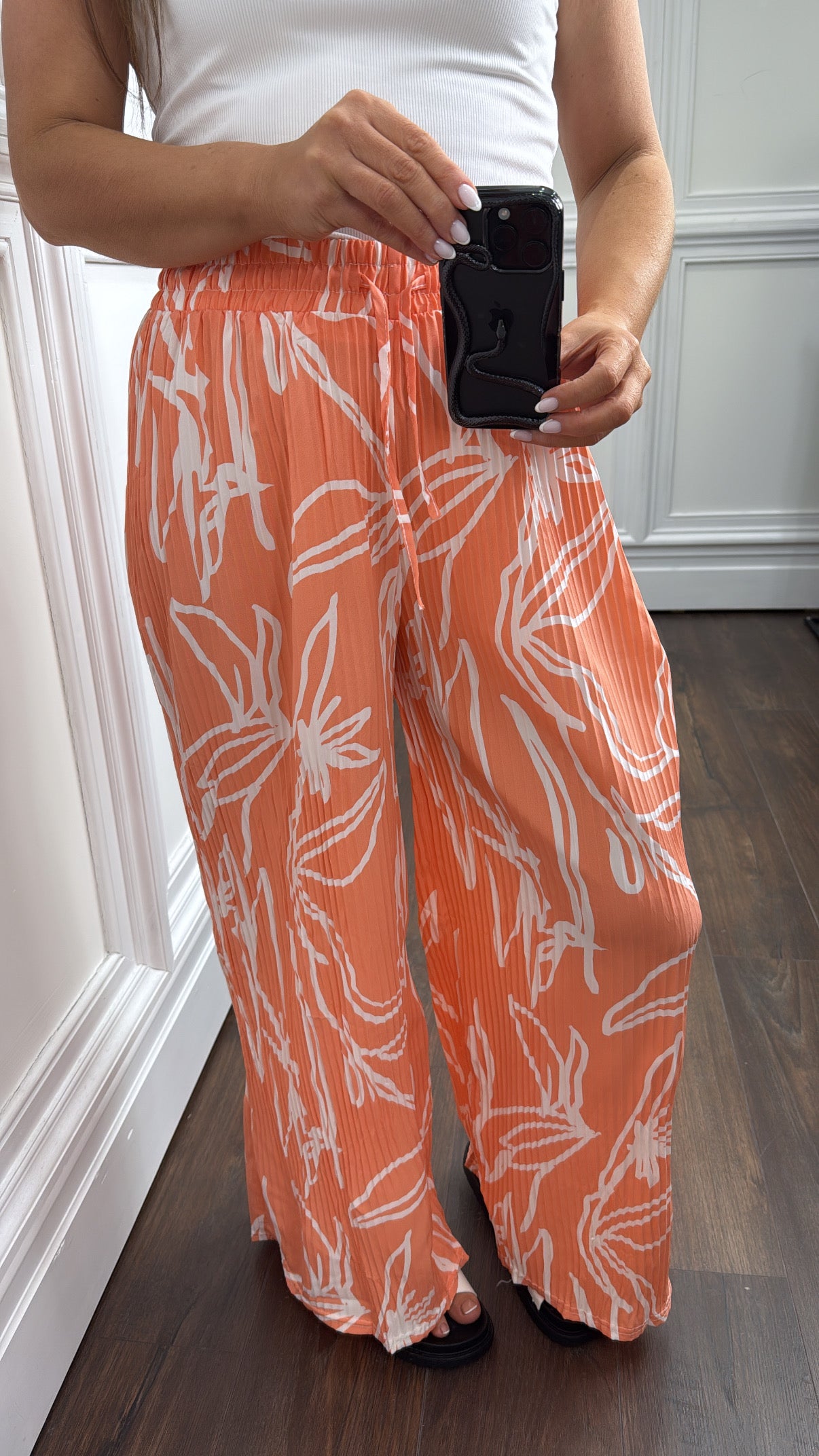 AVA coral abstract print plisse wide leg trousers