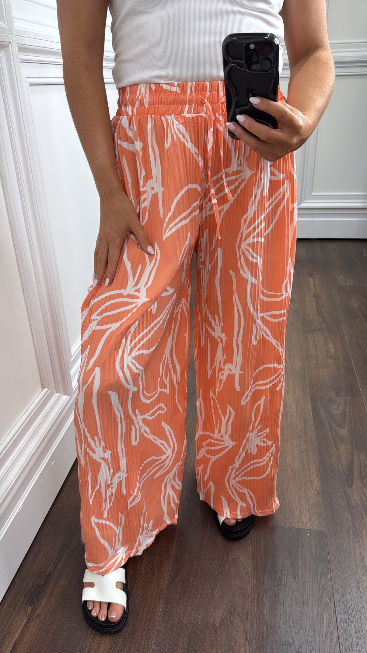 AVA coral abstract print plisse wide leg trousers