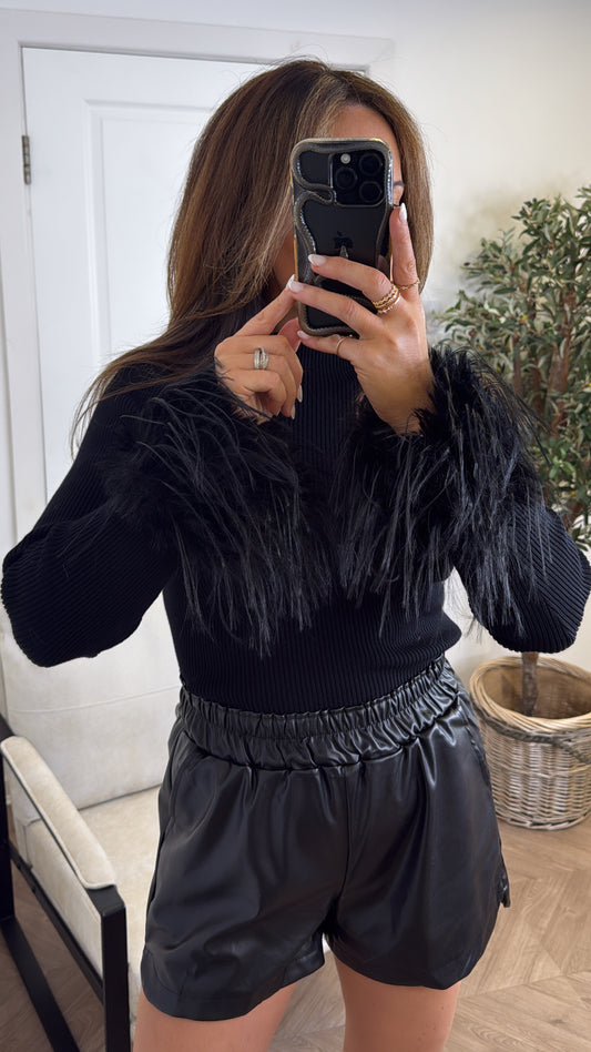 MILLY black ribbed top with fluffy cuffs