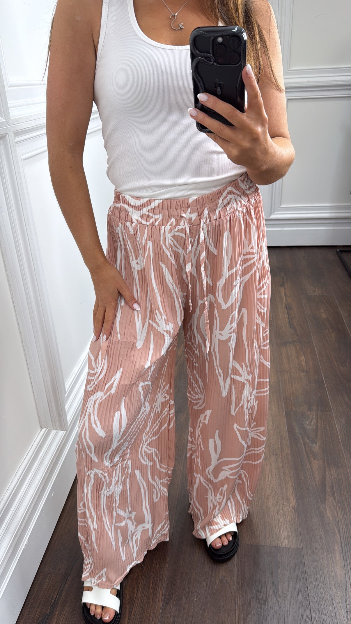 AVA dusky pink abstract print plisse wide leg trousers