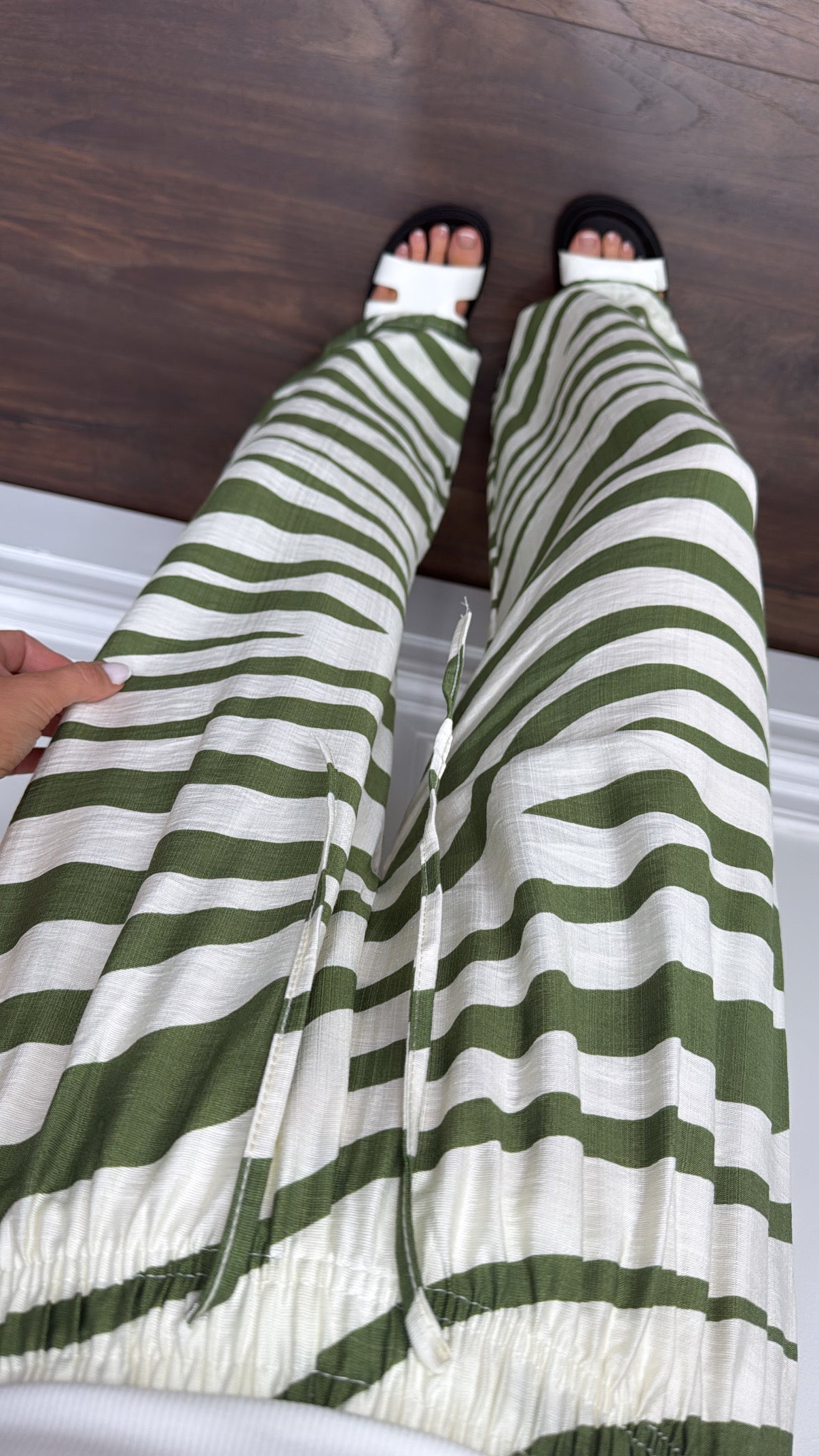 ZARA green and cream zebra print wide leg trousers
