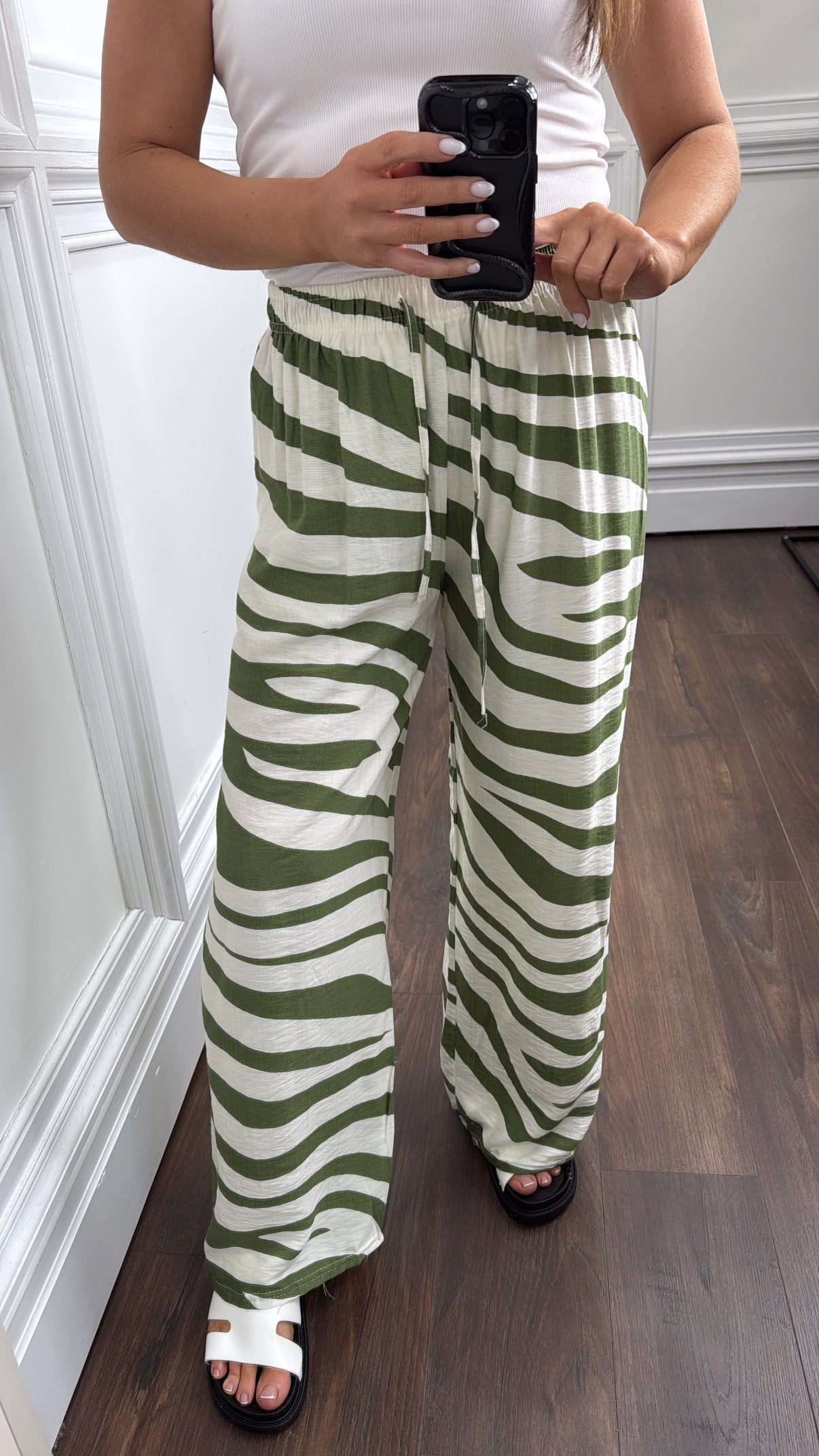 ZARA green and cream zebra print wide leg trousers