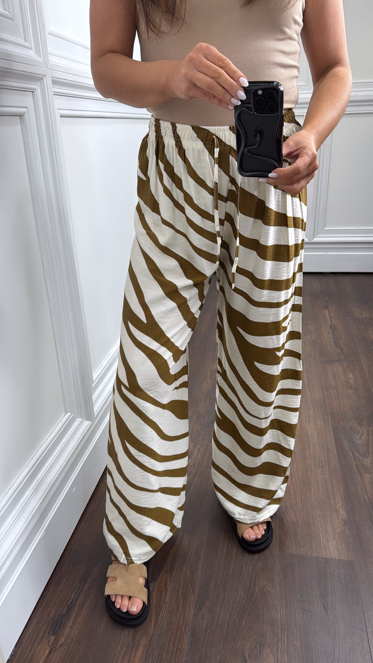 ZARA tan and cream zebra print wide leg trousers