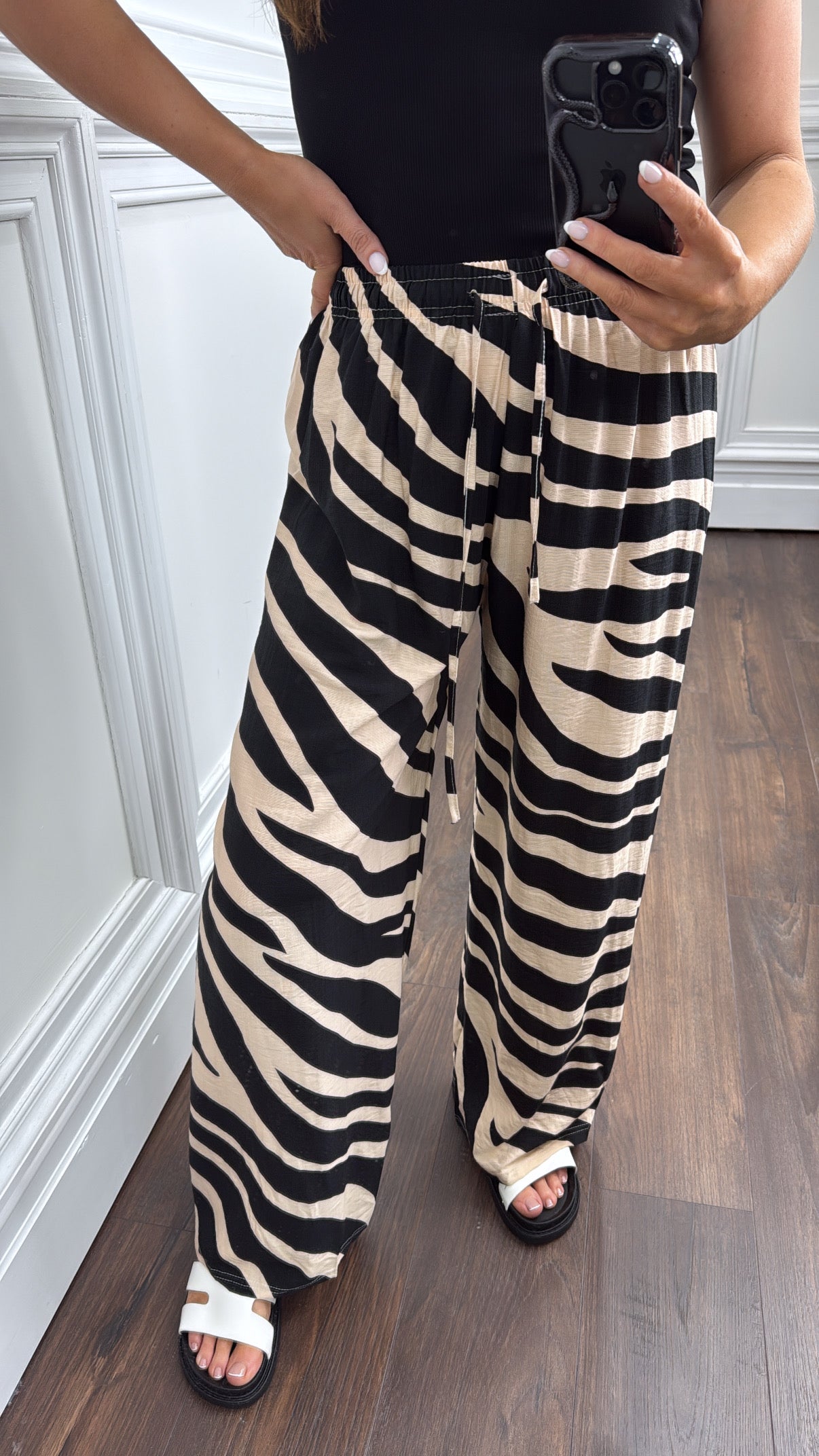 ZARA black and beige zebra print wide leg trousers