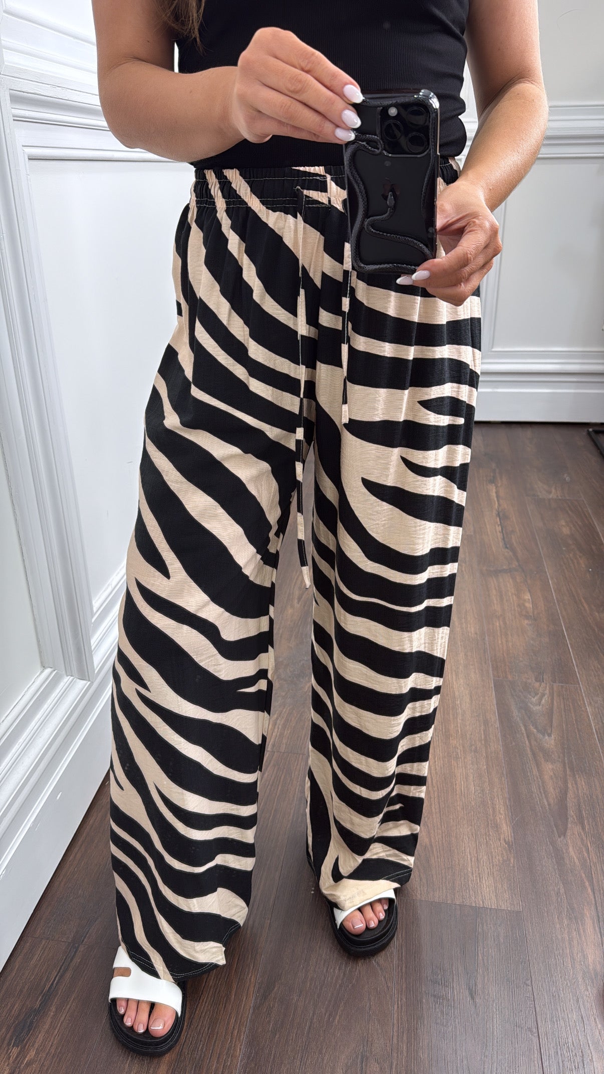 ZARA black and beige zebra print wide leg trousers