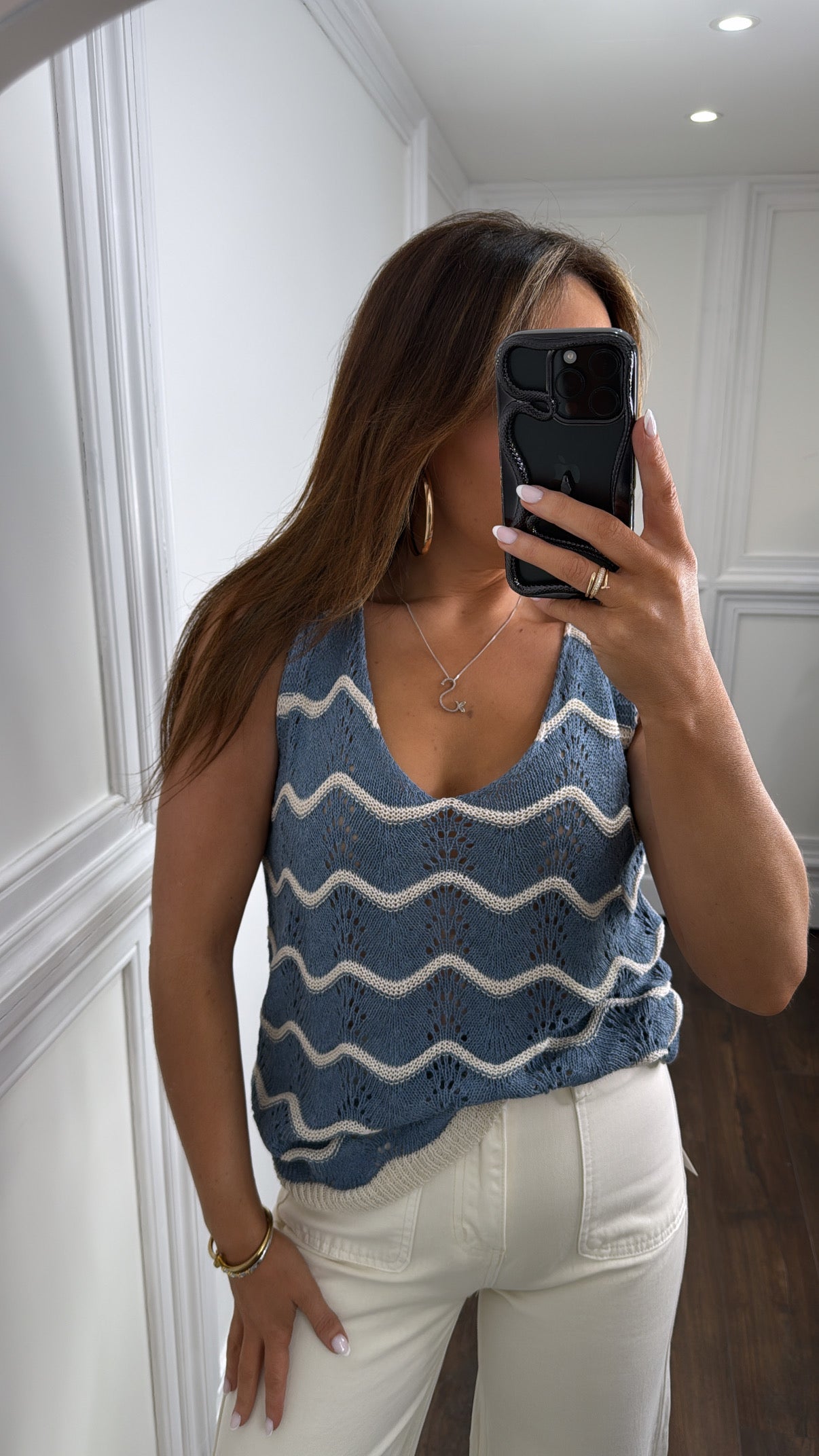 MOLLIE blue wave crochet vest top