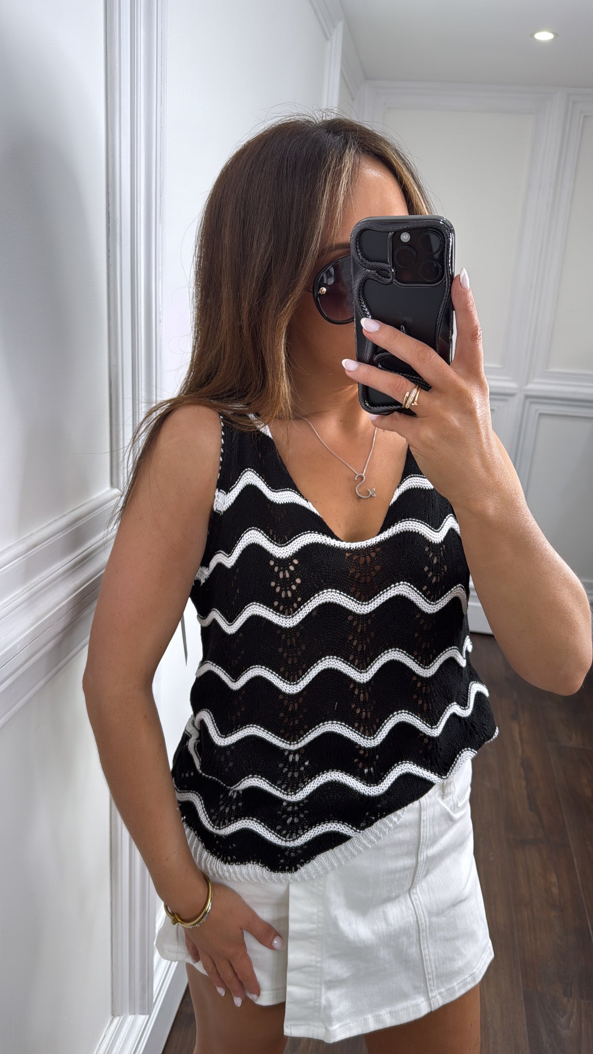 MOLLIE black wave crochet vest top