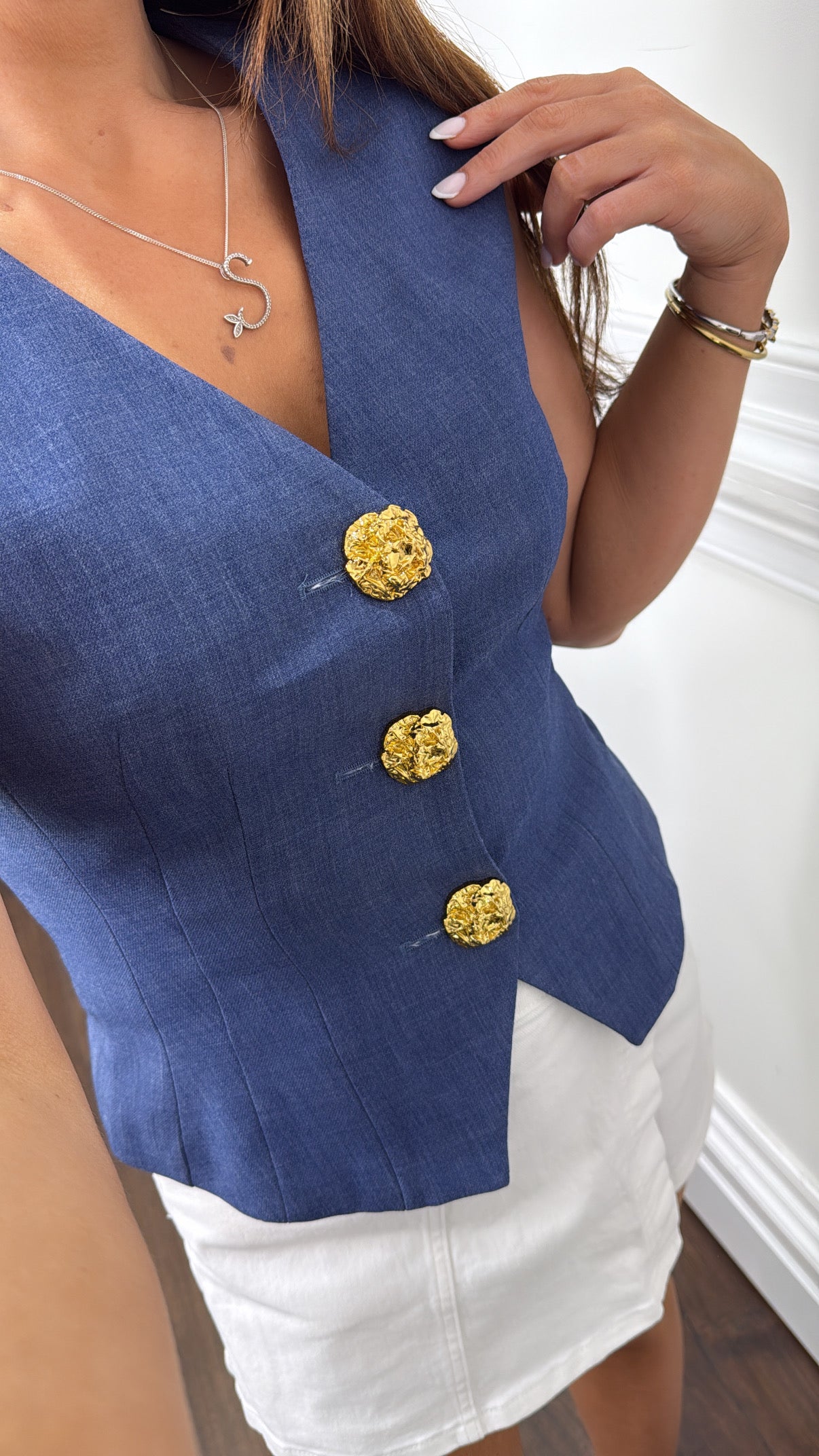 KEIGHLEY dark blue gold button waist jacket