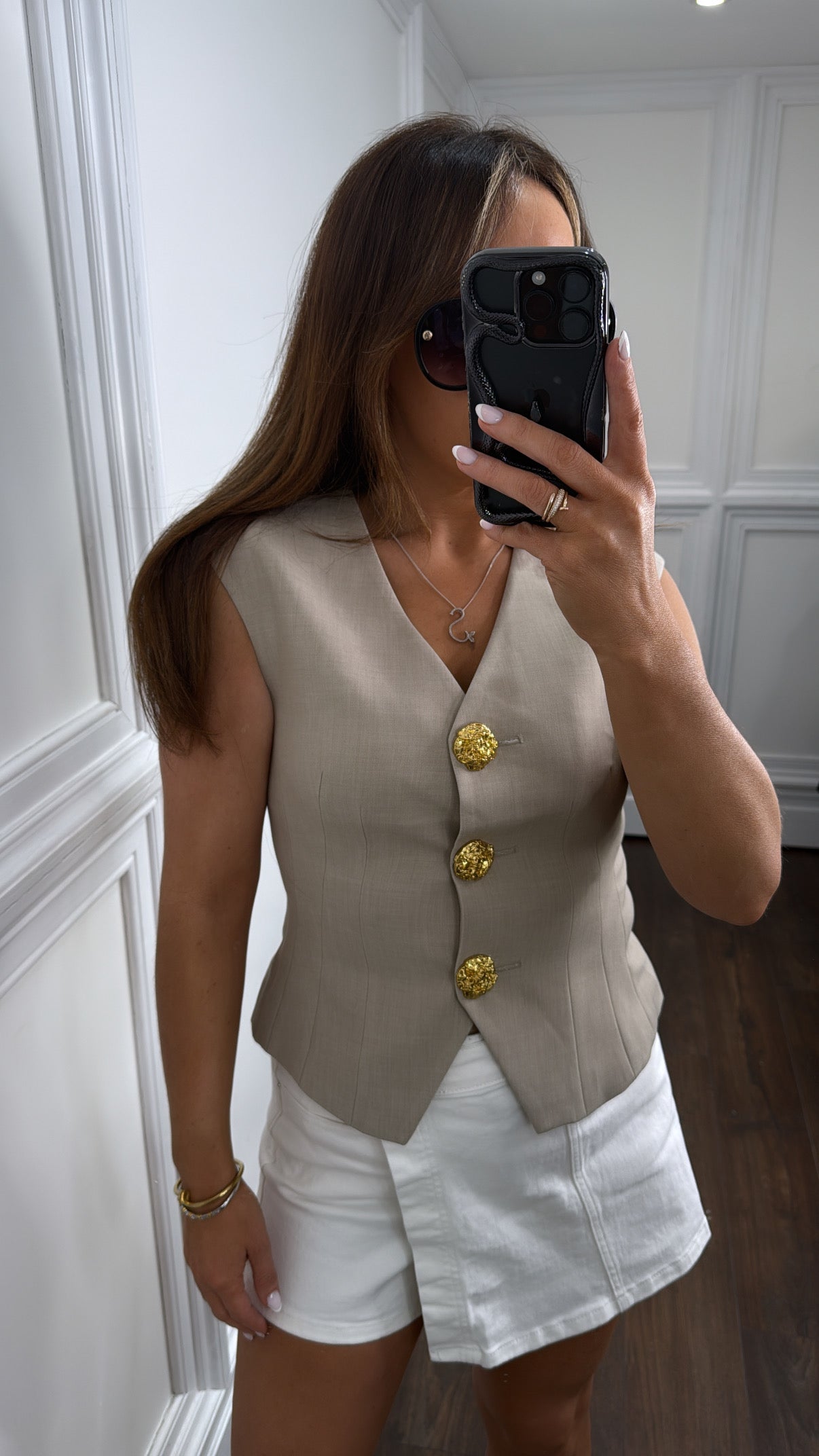 KEIGHLEY taupe gold button waist jacket