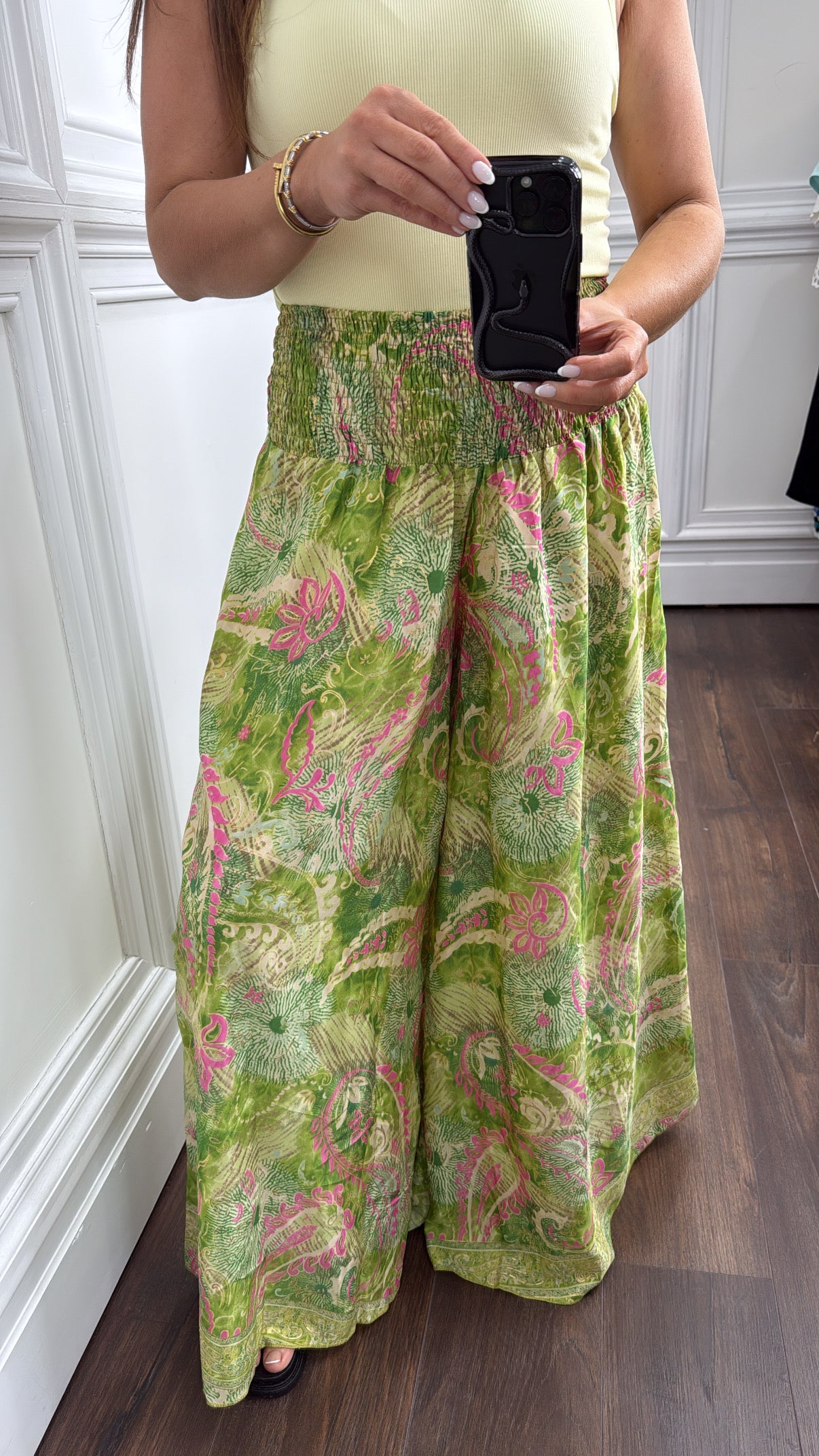 KEELEY lime green bright print palazzo trousers