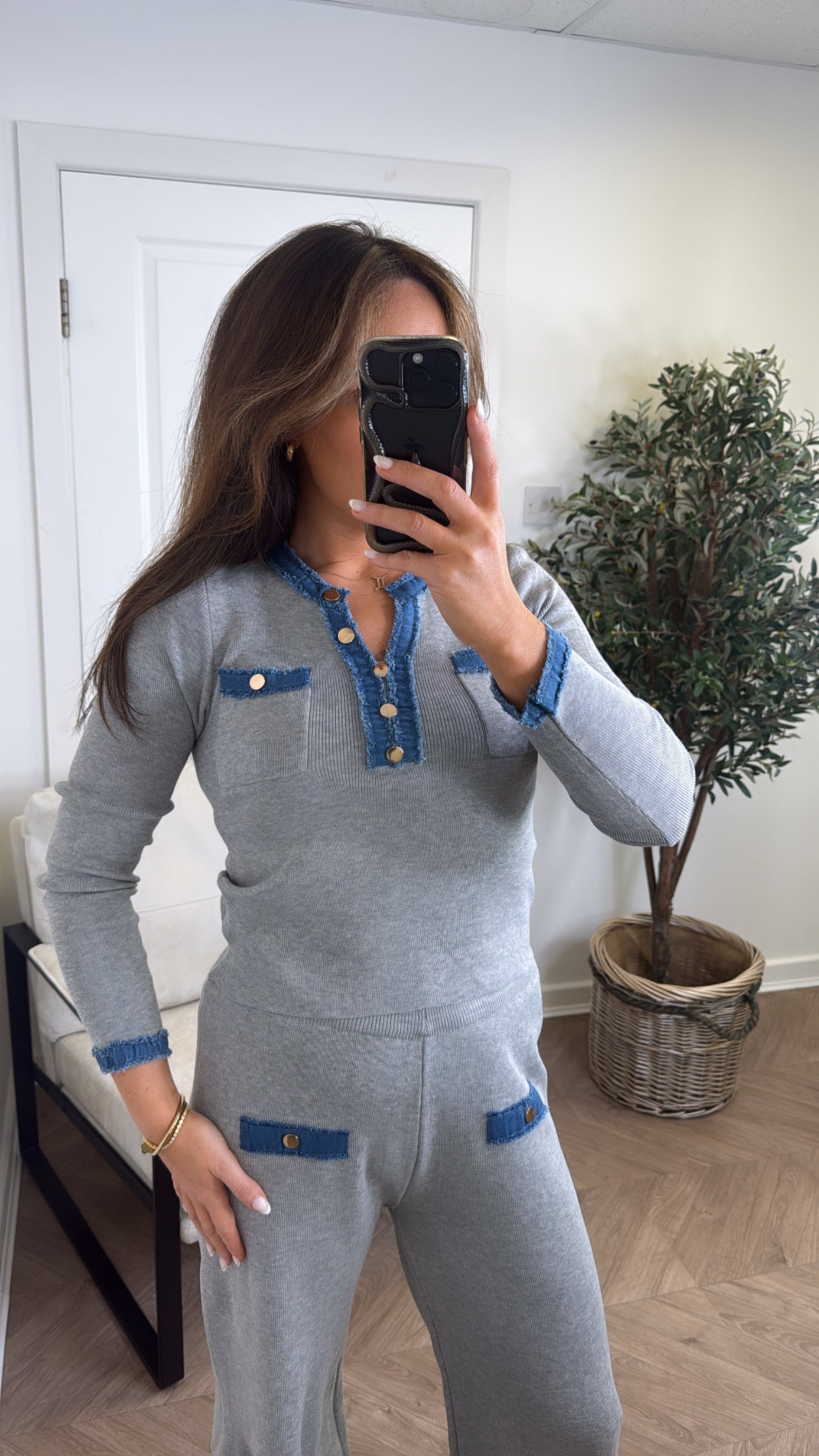 OLIVIA grey and denim contrast top and trousers co-ord
