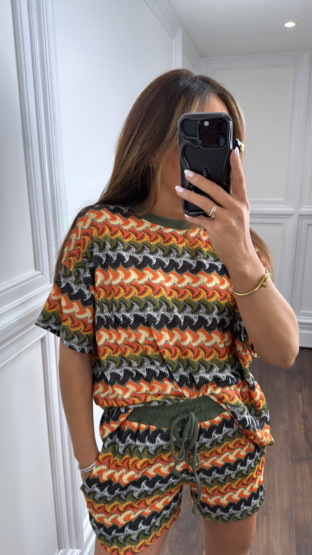 OLIVIA khaki multi print top and shorts co-ord