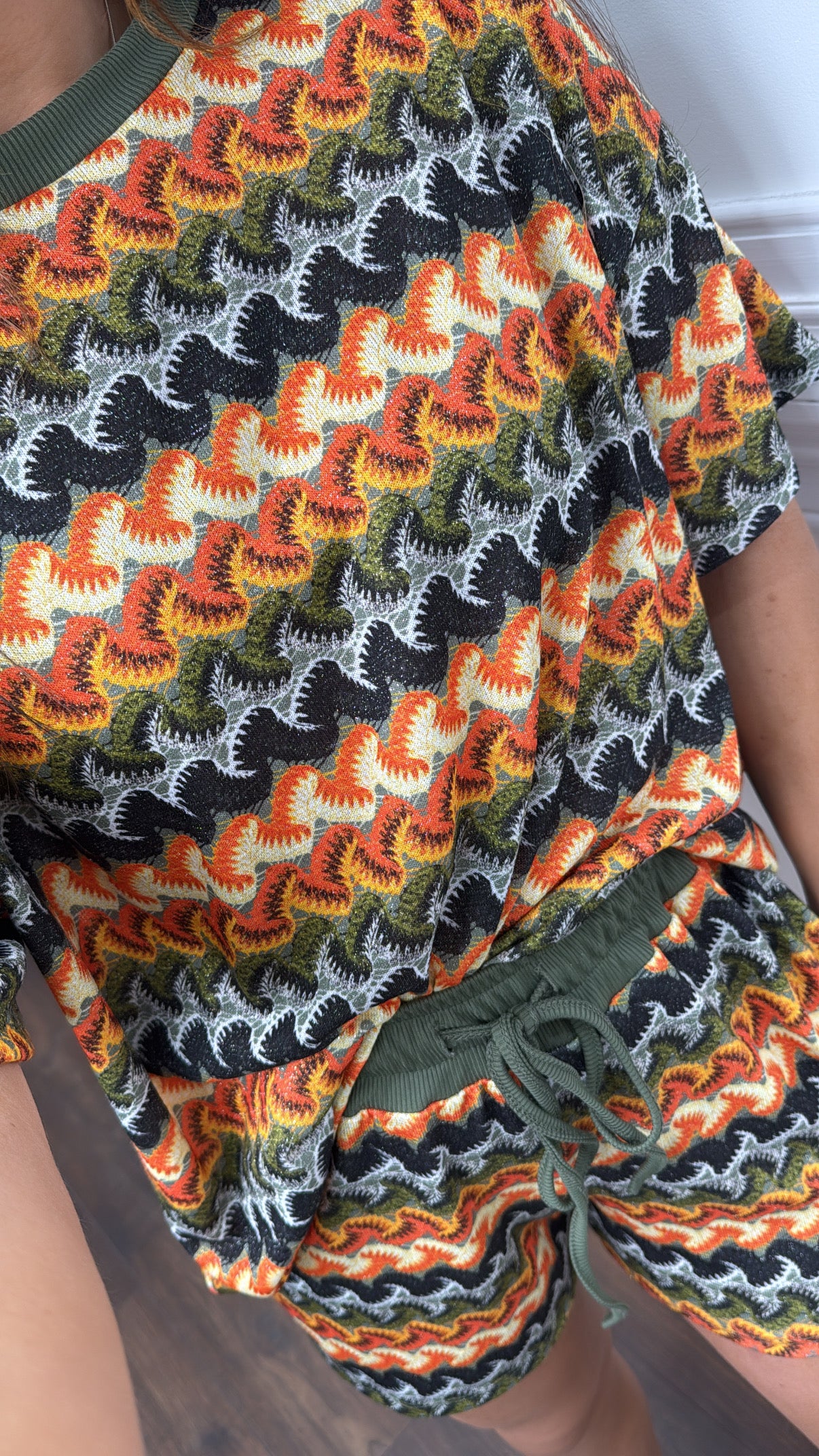 OLIVIA khaki multi print top and shorts co-ord