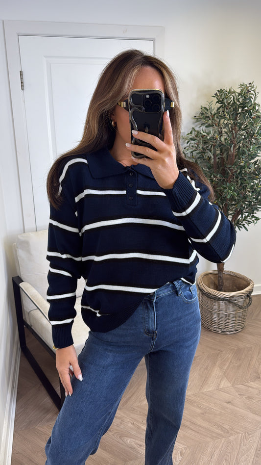LOUISE navy stripe knitted rugby jumper