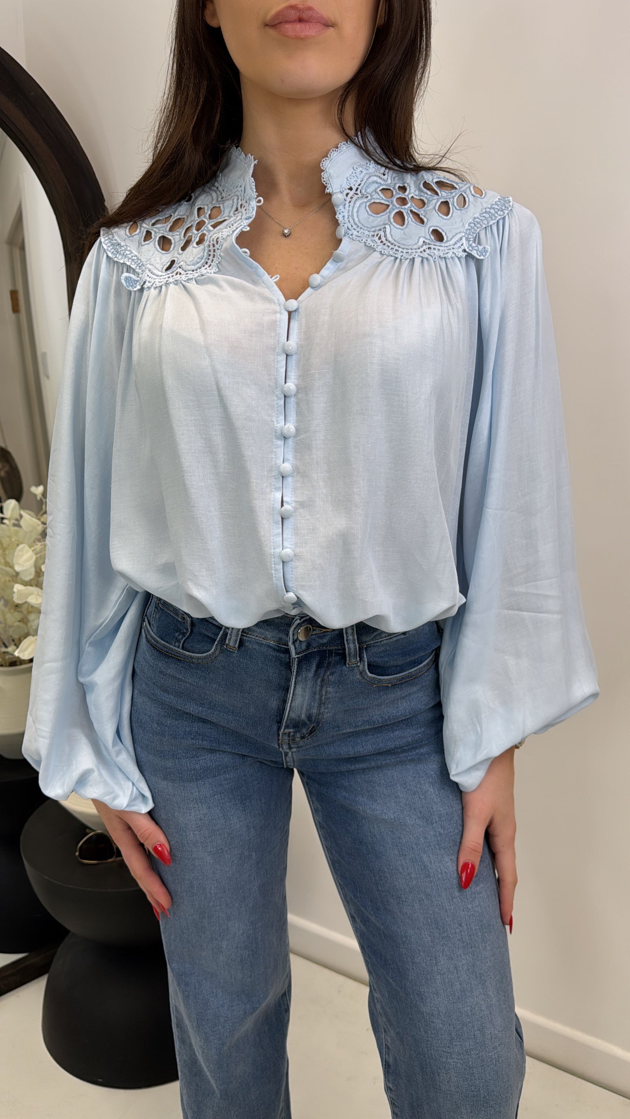 PRIYA blue embroidered neck blouse