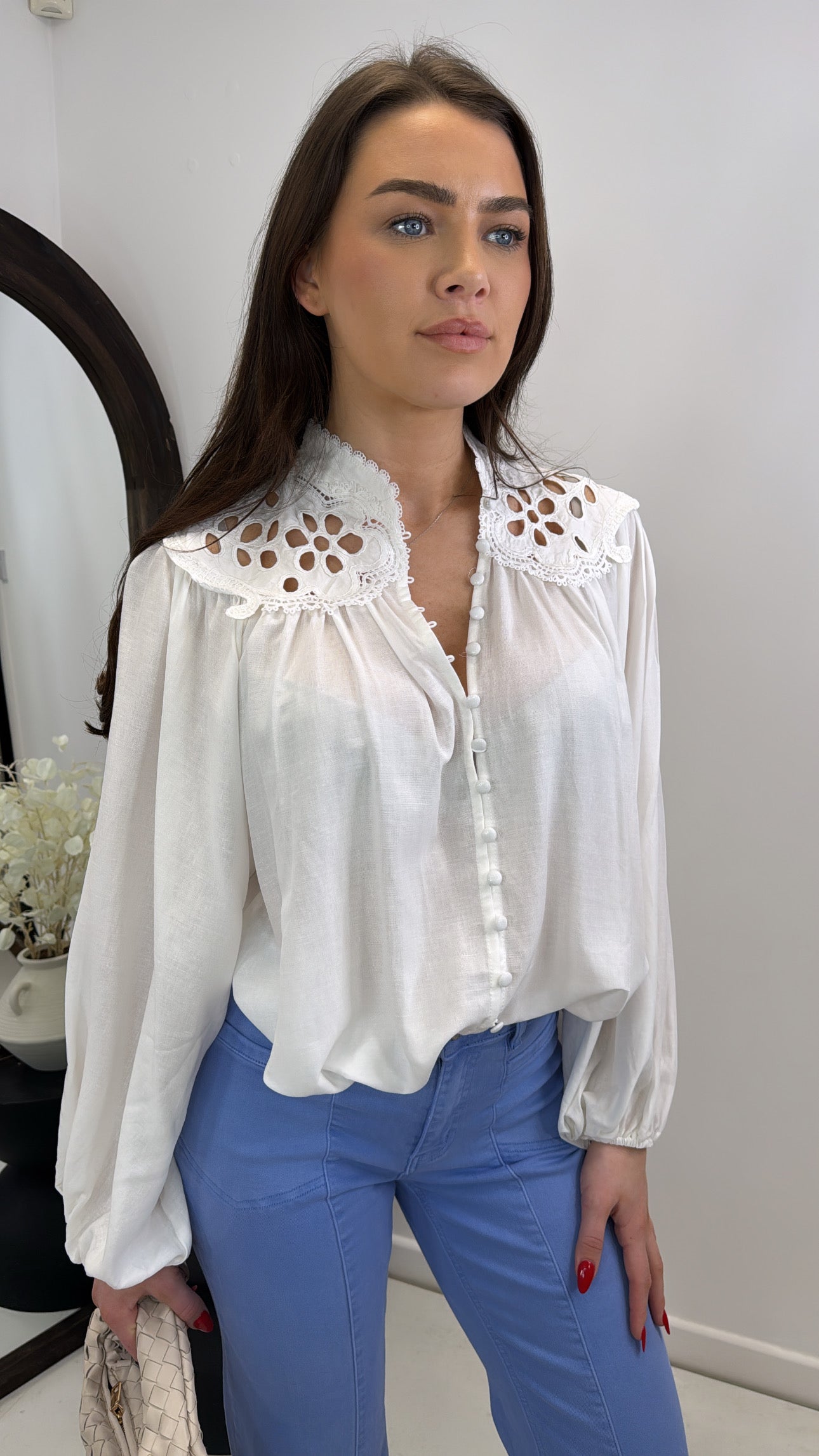 PRIYA white embroidered neck blouse